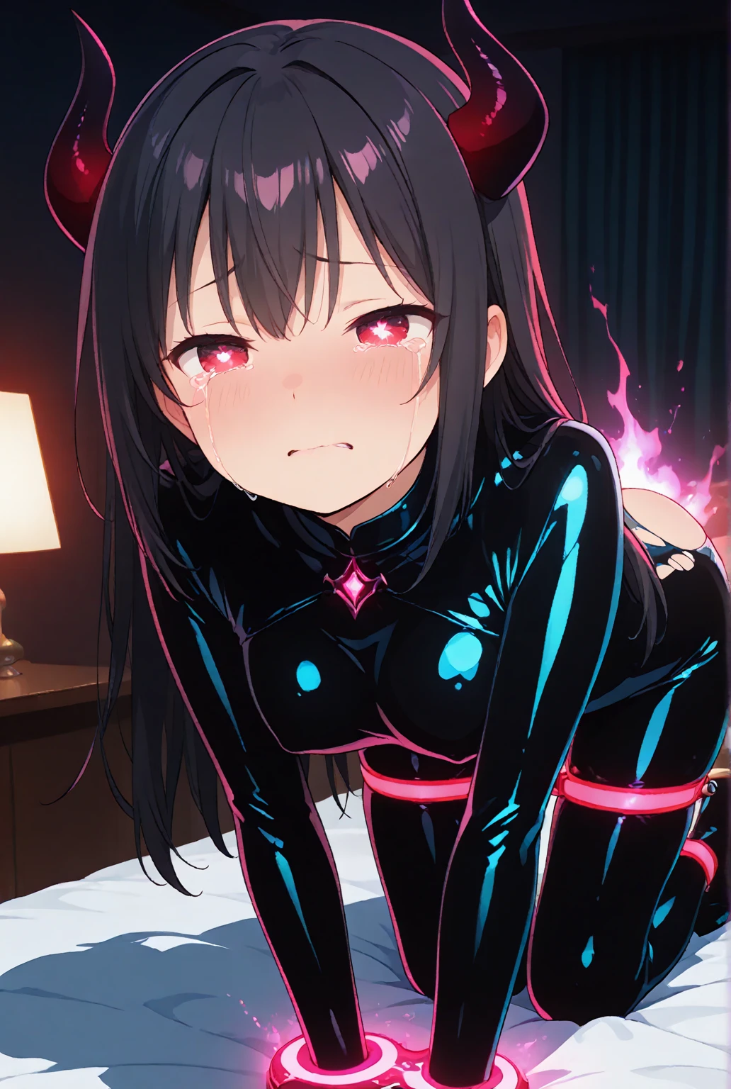 best qualtiy, B-cup breast、red blush,No pants,Girl having sex,Vaginal ejaculation,Crying face,Belly bote,Anti-Demon ShinobiRPGYukikaze body suit