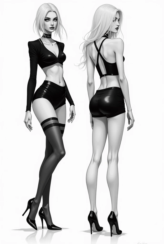 character sheet, front view, side view, view from back, ((masterpiece)),(((best quality))),((character design sheet)),  ((flat color, plain color)),concept, poses, masterpiece, best quality, highres, bbardot as apocalypse mercenary female, (blonde hair:1.2), bardot hairstyle, long hair, visible forehead, military gear,  blue eyes, black ((black tube bra:1.5)), (black crop top), ((visible underboob)), green snake pants, large breasts, standing, blank background ,chara-sheet