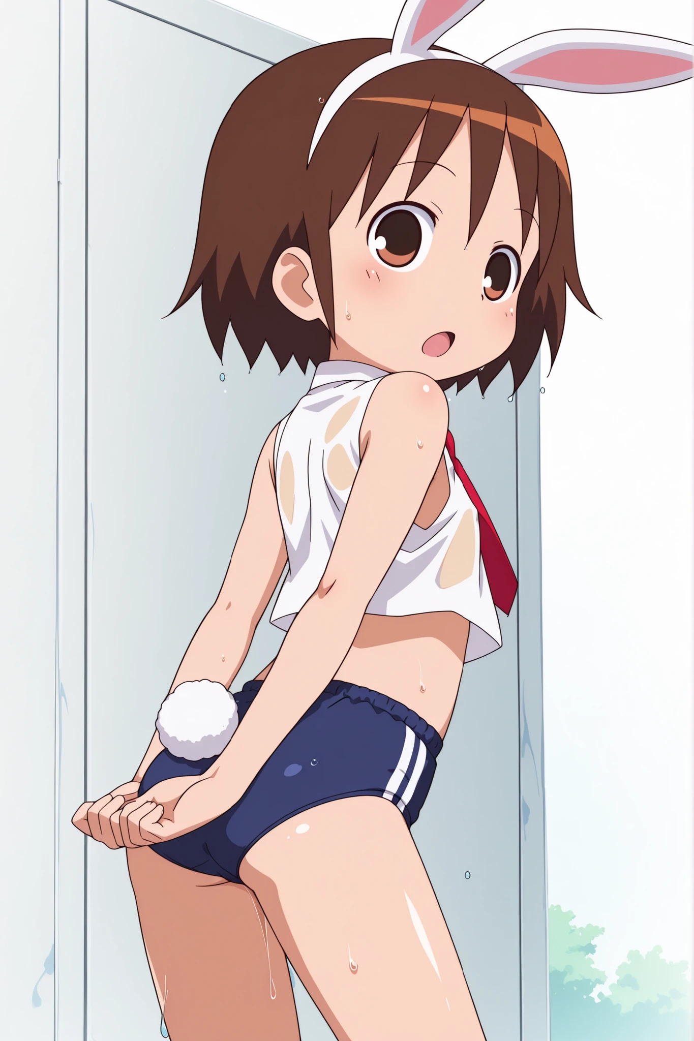 (((anime style))),score_9, score_8_up, score_7_up, source_anime,(((school festival))),
yasuna,1girl, ((solo)),((light blue buruma)),((((white business shirt)))),((((sleeveless)))),((wet clothes)),nipple,red tie,((white sox)),brown loafers,((white Bunny's ears headband)),Bunny's Tail, (open mouth),(((crop top))),((((back shot)))),(((contrapposto))),((little butt)),(((low angle))),((arms behind back)),
leaning forward,(looking back),((bare hands)),
,(looking at viewers)