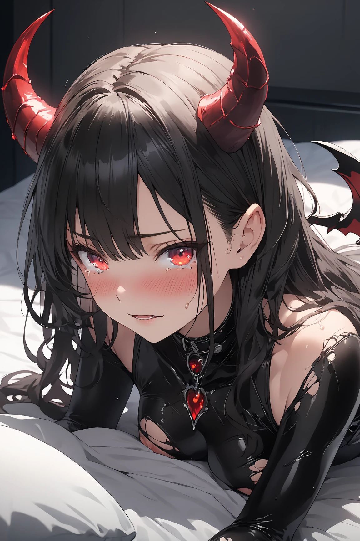 Cute girl, short hair, black hair, split legs, (On her knees she approaches you, close-up of her face, close-up of her breasts), red eyes, blushed face, at bed, (demon girl, demon horns, pointed ears), cropped black tshirt, bare shoulder, cute pantie, underwear, (view from front), (big breast), ((sleepy smile)), (pov shes aproaching you)