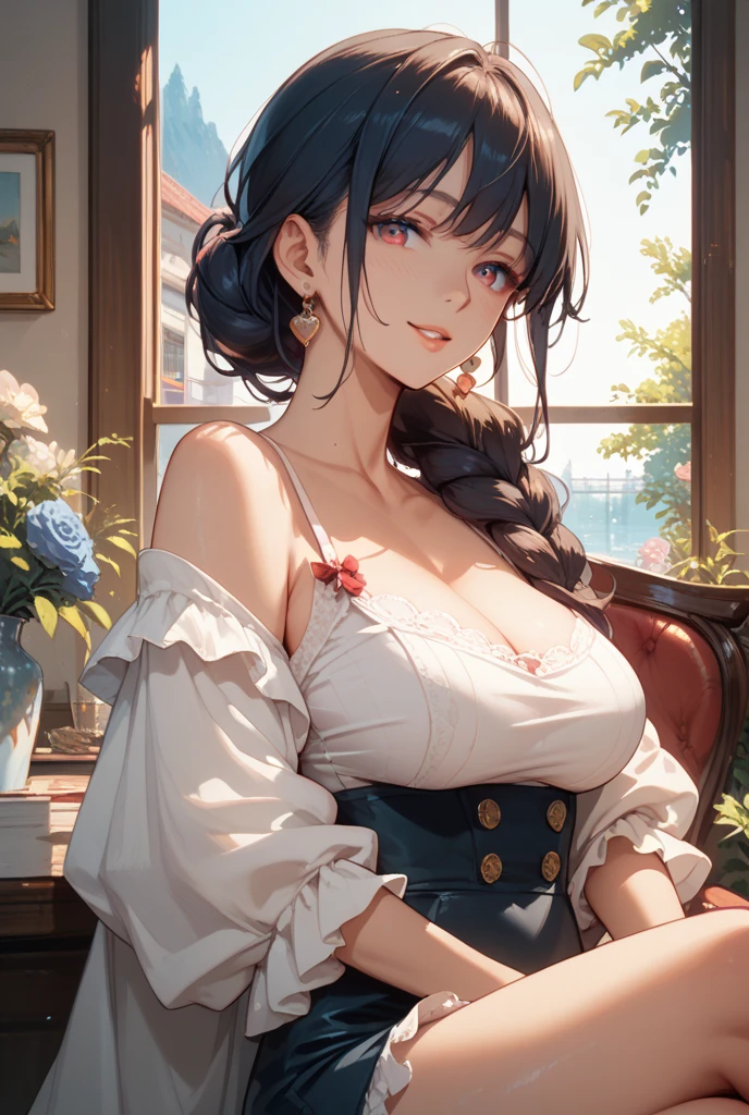 anime girl in a school uniform holding a cell phone, iwakura lain, Realistic Schoolgirl, visual novel cg, anime moe art style, beautiful anime high school girl, nagatoro, shikamimi, Gapmoe Yandere, magical school student uniform, Smooth Anime CG Art, a hyperrealistic schoolgirl, ; visual novel, Hinata Hyuga, (masutepiece, Best Quality, High quality), Detailed, Extremely detailed, Ambient soft lighting, 4K, ornate, Indoors, (renaissance, Vintage:1.4), Plants, window, 1gril, (Solo:1.4), (A MILF:1.2), Standing, Upper body, (Face Focus:1.2), (very detail hair:1.2), Long hair, long sidelocks, Bangs, (Hair intake, High Ponytail:1.4), deadpan, deadpan, (Red Eyes, Glaring, contempt, feeling of disgust, Looking at Viewer:1.2), Curve, Huge breasts, Skindentation, (Bursting breasts:1.2), (tiarra:1.2), diadems, (cleavage, Strapless, Red dress, frilly dress, Long skirt, Puffy skirt, Puffy sleeves, juliet sleeves, Long sleeves:1.2), Jewelry,