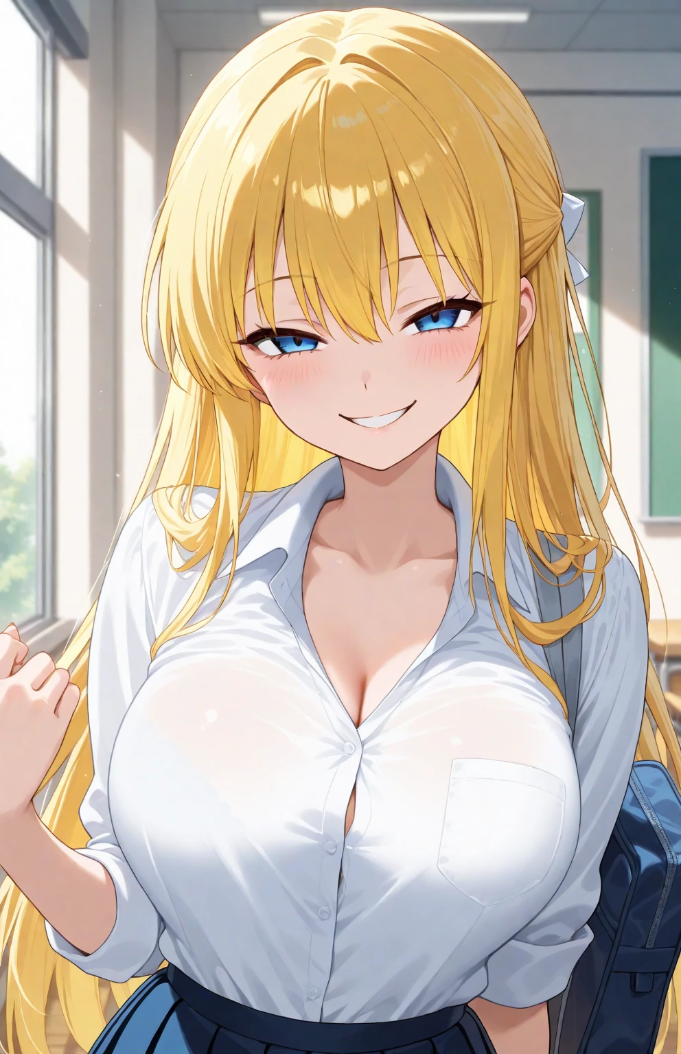 {masterpiece, distinct_image, extremely detailed CG, beautiful eyes and detailed face,realistic, photo realistic, 4k, 8k, high_resolution,perfect_finger, (beautiful_detailed_eyes:1.3), glitter, white_light,{1girl, face_focus,cowboy_shot, looking for_in_viewer, standing, },{adult, curvy, black_skin, (huge_breasts, wide_hip:1.3), navel, skinny_stomach,tight_gap, groin (white_shirt, sky_blue_short_skirt, cleavage,fantasy academy , yellow_colored_cardigan, leopard print underwear, tanning_skin :1.5), (golden_hair, green_eyes, long_hair, ponytail:1.3), hime_cut, (half closed eyes, smiling face:1.3), sweat, university_classroom_indoor_background }