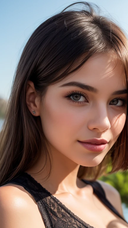 21-year-old, Russian race, (Masterpiece, best quality, photorealistic, high res, photography: 1.3), close-up shot, sharp focus, black hair, hair bun, bun hair, European girl, hot model, slim, Height 160cm, highly detailed eyes and pupils, light smiling, realistic skin, (perfect body, cleavage), sweatshirt, shirt, loose shirt, small breasts, sports top, slim, extremely detailed hair, delicate sexy face, sexual gaze, shiny lips, outdoor, ((vivid light, dynamic lighting, realistic, super realistic, realism, realistic detail