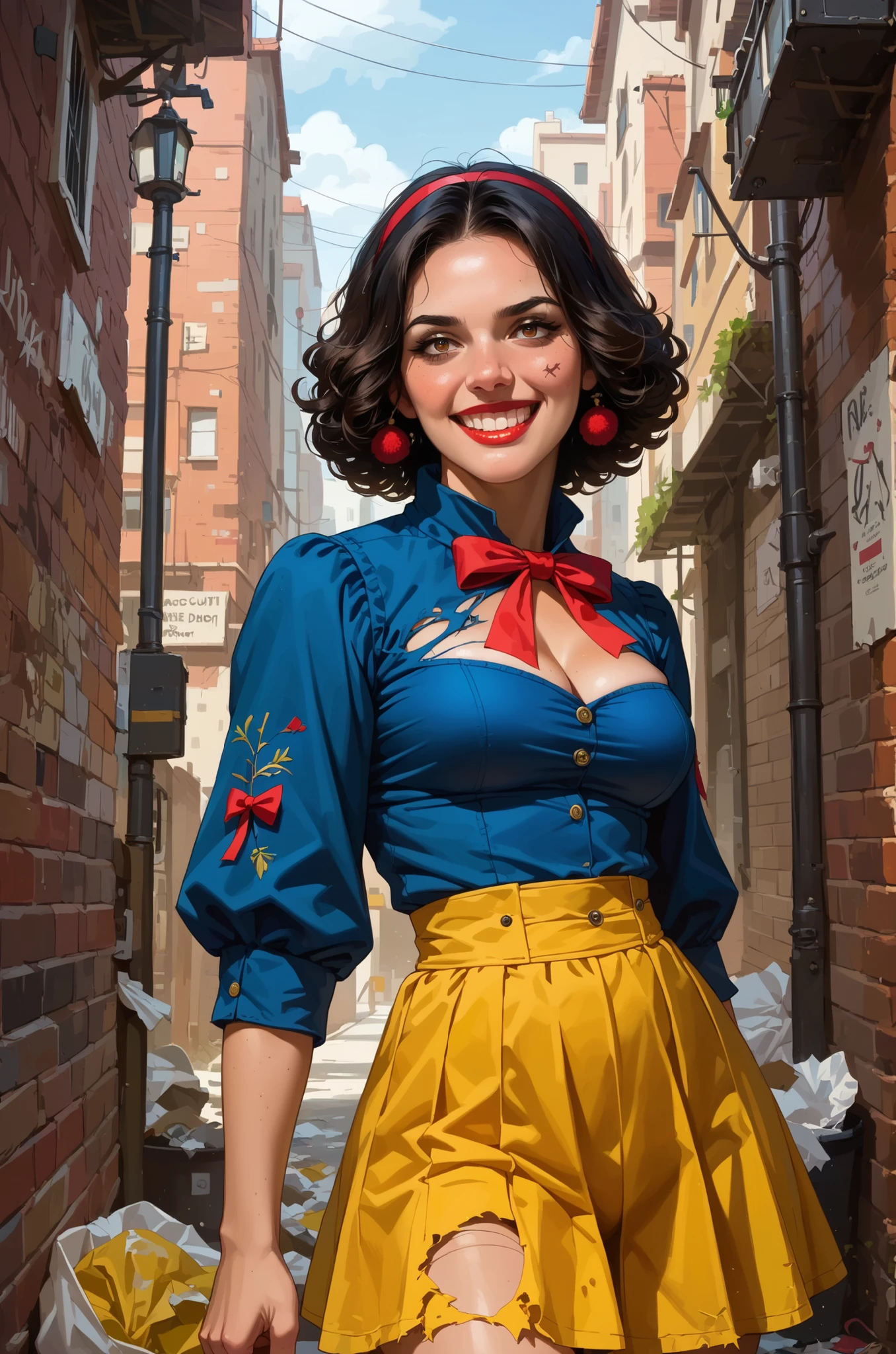 A rebellious version of Snow White stands in a dimly lit, messy urban alley. She maintains her iconic traditional outfit: a bright yellow skirt paired with a blue top and red ribbon in her hair, but with a rebellious twist. The dress is slightly torn at the hem and sleeves, showing signs of wear from her defiant journey. She is holding a tan and black modern assault rifle (FN SCAR style) and dangles loosely as smoke curls into the air. Her expression is bold and carefree, with a mischievous grin on her face as she leans casually against a graffitied brick wall. The alley around her is filled with discarded trash and scattered debris, with dim streetlights casting harsh shadows, creating a contrast between her innocent appearance and the gritty urban environment.,Fantasy detailers,Hold-rif,illu-ink