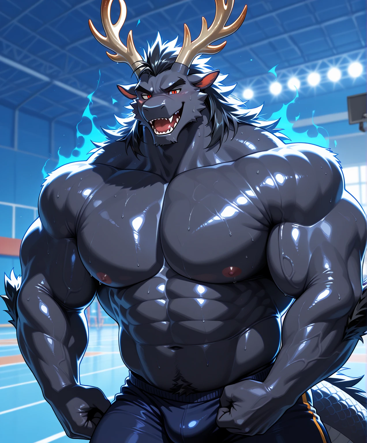 (Pokémon) Machoke in bodybuilding competition, en el escenario con otros culturistas de Machoke a su lado, Wear a small thong (metallic color: Tanga negro azabache) masivo, enorme, muscular bodybuilder with extraordinary biceps, pectorales gruesos, triceps, trampas, cintura estrecha, Gigachad, 500 libras.