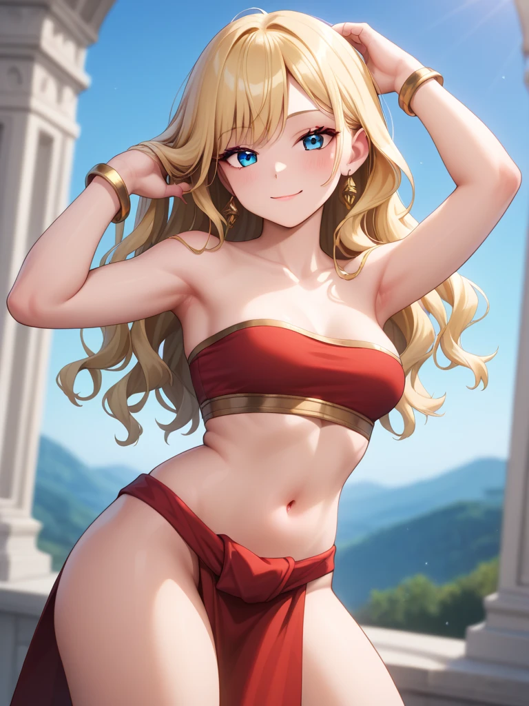 blonde very long hair, red eyes, wearing a sexy pink dress, side slit, ultrasharp, looking at the viewer, ((best quality)), ((masterpiece)), (detailed), perfect face, big breast, sexy body, sexy woman besides her, hugged, An anime scene of two girls hugging and kissing intensely, with hearts and sparkles floating around them as they stand in pool of water
