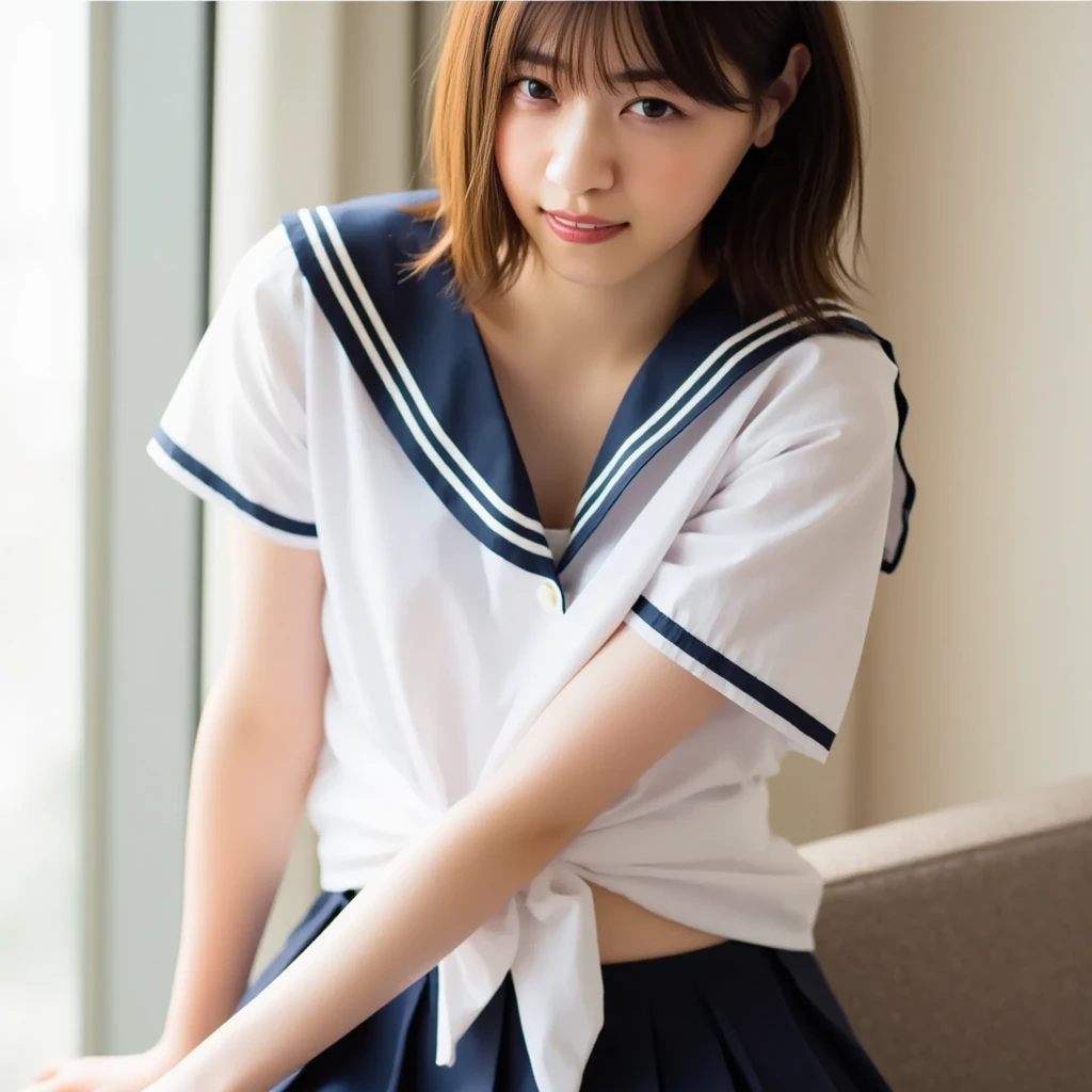 Realistic photos of Japanese junior high school girls, Wearing the uniform correctly, Summer short-sleeved sailor uniform, Red ribbon,Navy blue short skirt, Her Room,One hand raised,Bob Hair,Sensual face,Realistic fair and fine skin,Young but beautiful face,Sitting in bed with one knee raised,Her small white panties are clearly visible under her skirt,The panties are digging into her pussy, leaving a clear vertical line,Attractive thighs,Slightly larger breasts,She masturbates to pornographic videos every day., I have no experience with men, I want to have sex quickly, I have a rape wish,There is a lot of sweat on the forehead