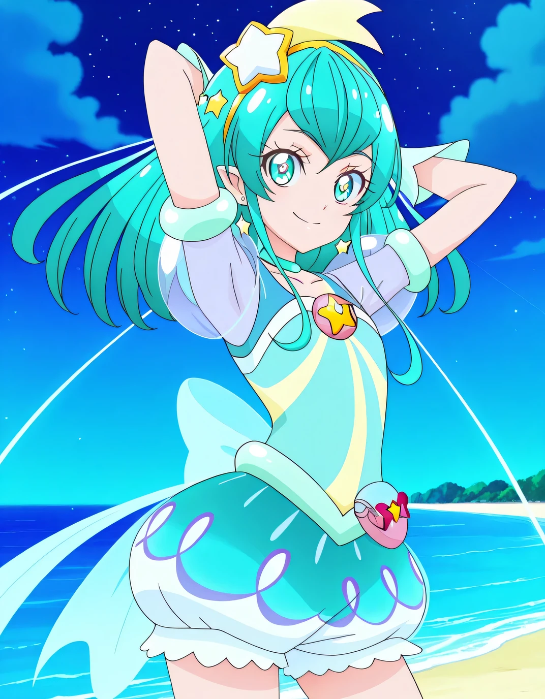 curemilky, starpri, shiny skin, anime screencap, high quality, solo, night sky, beach, hands behind head, ((contrapposto)), closed mouth, cowboy shot, looking at viewer, smile, best quality