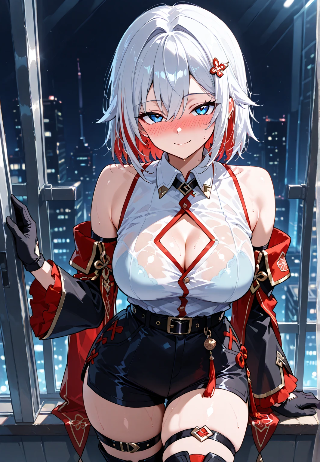 fantasy, 1girl,young_teen, ,silver_hair, short_hair, long_bangs, bare_shoulder,thighhighs,silver_armor, waist_armor, large_breasts,half_eyes,floating, bare_crotch, headgear,gauntlet, greaves,city_background,slightly_spread_legs, solo, groin_naked,hair_over_one_eye,