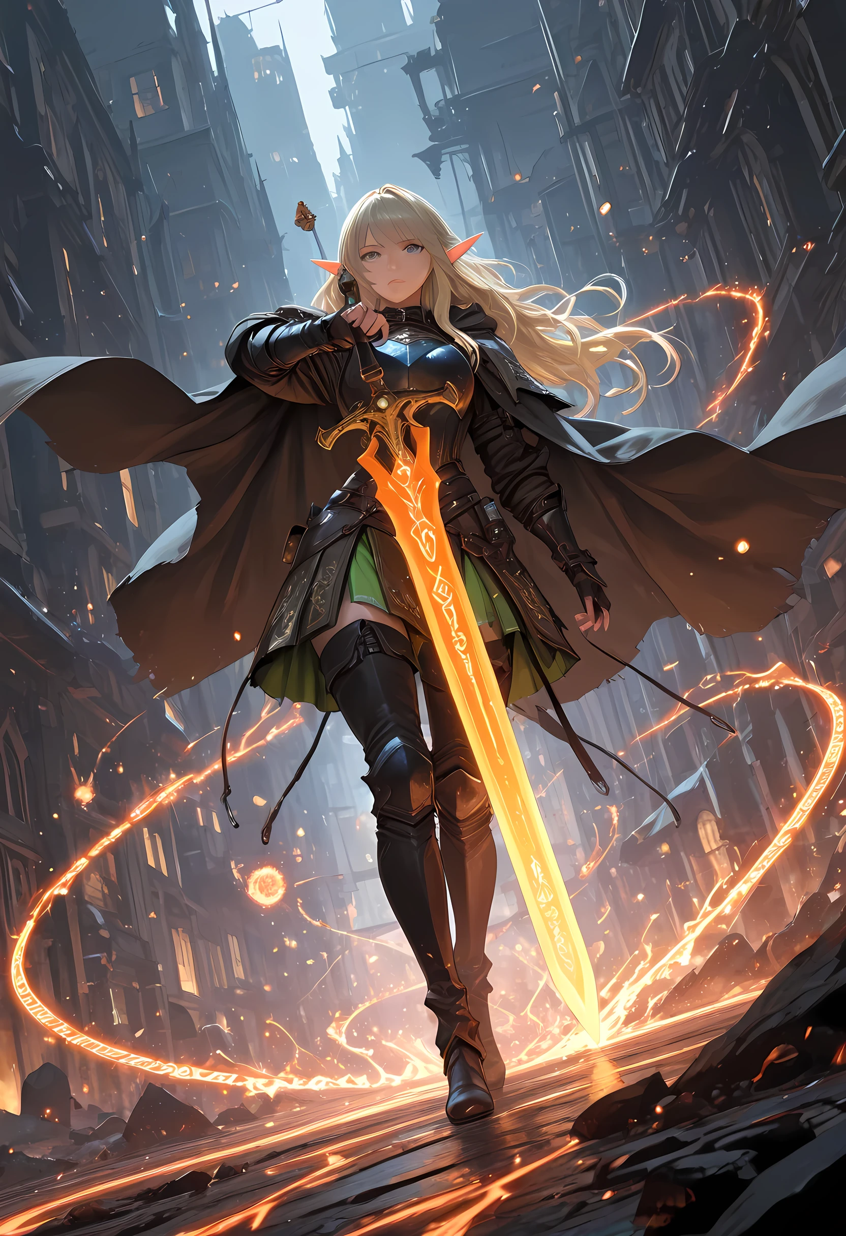 picture of a female elf (intense details, Masterpiece, best quality) fantasy swashbuckler, fantasy fencer, armed with a slim sword, sword, metallic shine, colorful clothes, wide shot, full body, best detailed face (intense details, Masterpiece, best quality) epic beautiful female elf (intense details, Masterpiece, best quality),  rich hair, braided hair, long hair, small pointed ears, fantasy urban street (intense details, Masterpiece, best quality), long cloak (intense details, Masterpiece, best quality), elven leather armor (intense details, Masterpiece, best quality) sense of daring, sense of adventure, controlling a swirling colorful magic runes (intricate details, Masterpiece, best quality), manipulating colorful magical runes (intense details, Masterpiece, best quality) high details, best quality, 8k, [ultra detailed], masterpiece, best quality, (extremely detailed), dynamic angle, ultra wide shot, photorealistic, RAW, fantasy art ,ember, fantasy, fflix_ufantasy, 3DMM