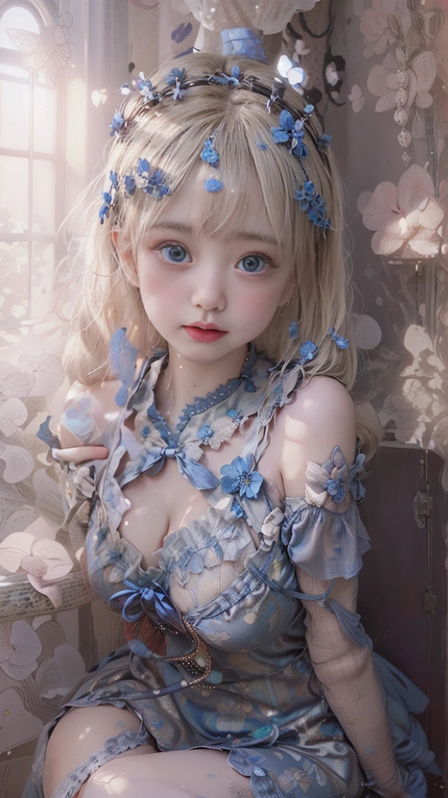 photorealisim、top-quality、超A high resolution、a picture、Photo of an exquisitely beautiful Nordic-born small fairy girl、((topless)),Detailed cute and beautiful face、(pureerosface_v1:0.008)、Beautiful bangs、alice in the wonderland、1girl,10years、petit,young,Glowing white shiny skin、facial hairangs that extend to the face、bangss、Super long hair、Attractive bright natural blonde super long straight silky hair、finer hair、Attractive glowing beautiful bright clear light blue big eyes、White Apron、a blue dress、eye liner、Double eyelids、((very small breasts)),