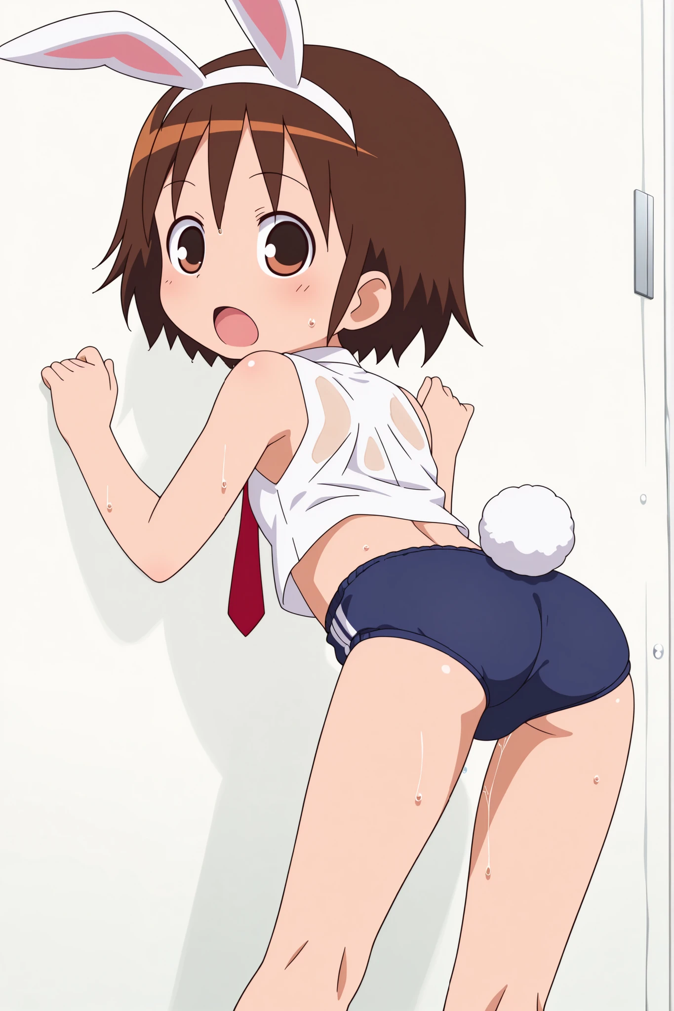 (((anime style))),score_9, score_8_up, score_7_up, source_anime,(((school festival))),nsfw,
yasuna,1girl, ((solo)),((light blue buruma)),((((white business shirt)))),((((sleeveless)))),((wet clothes)),nipple,red tie,((white sox)),brown loafers,((white Bunny's ears headband)),Bunny's Tail, (open mouth),(((crop top))),((((back shot)))),(((contrapposto))),((little butt)),(((low angle))),(Adjust bloomer with fingers),
((leaning forward)),(looking back),((bare hands)),
,(looking at viewers)