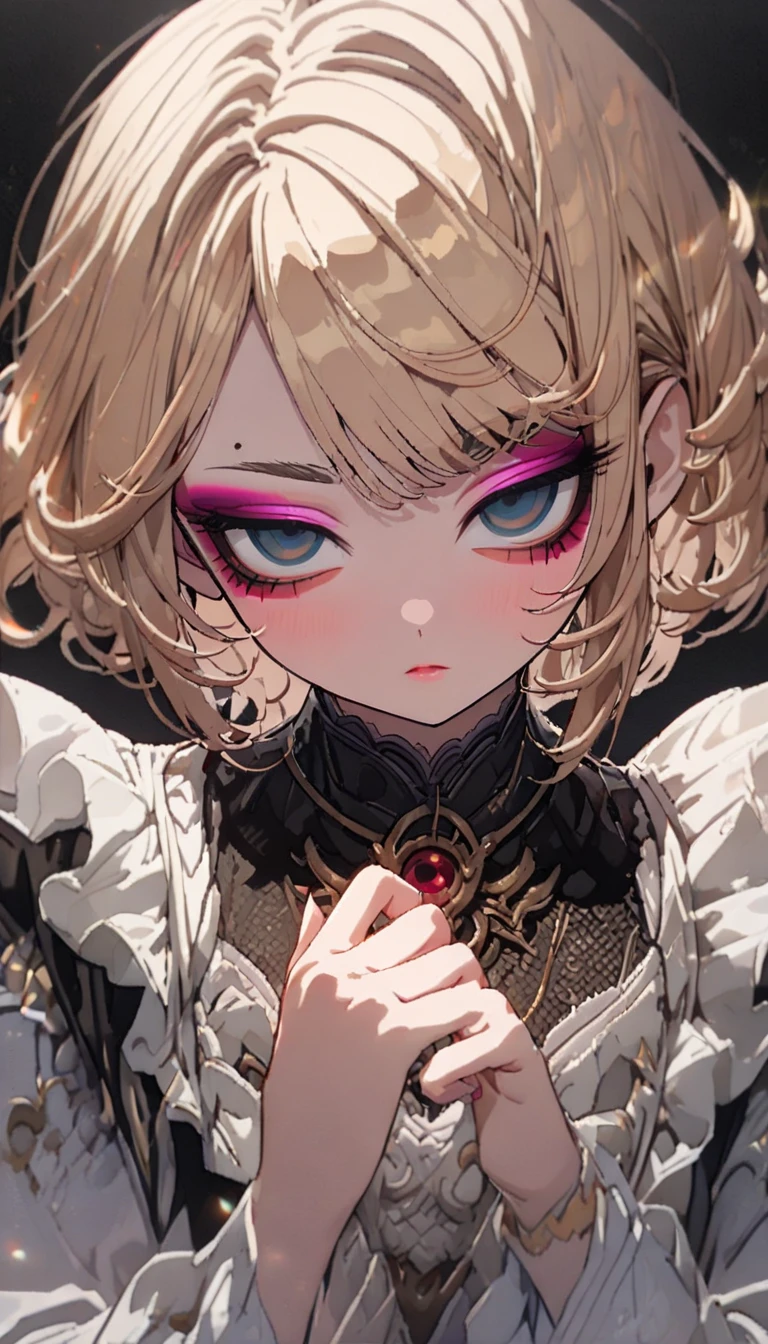 A girl with pale skin, wearing a black top ((soft fabric with gold chain details)), black skirt, white tights, wearing black boots, with long black hair, eyes closed ((red outlined)) , wearing a black cape with a hood with golden horns, a long black tail with small golden chains wrapped around it
