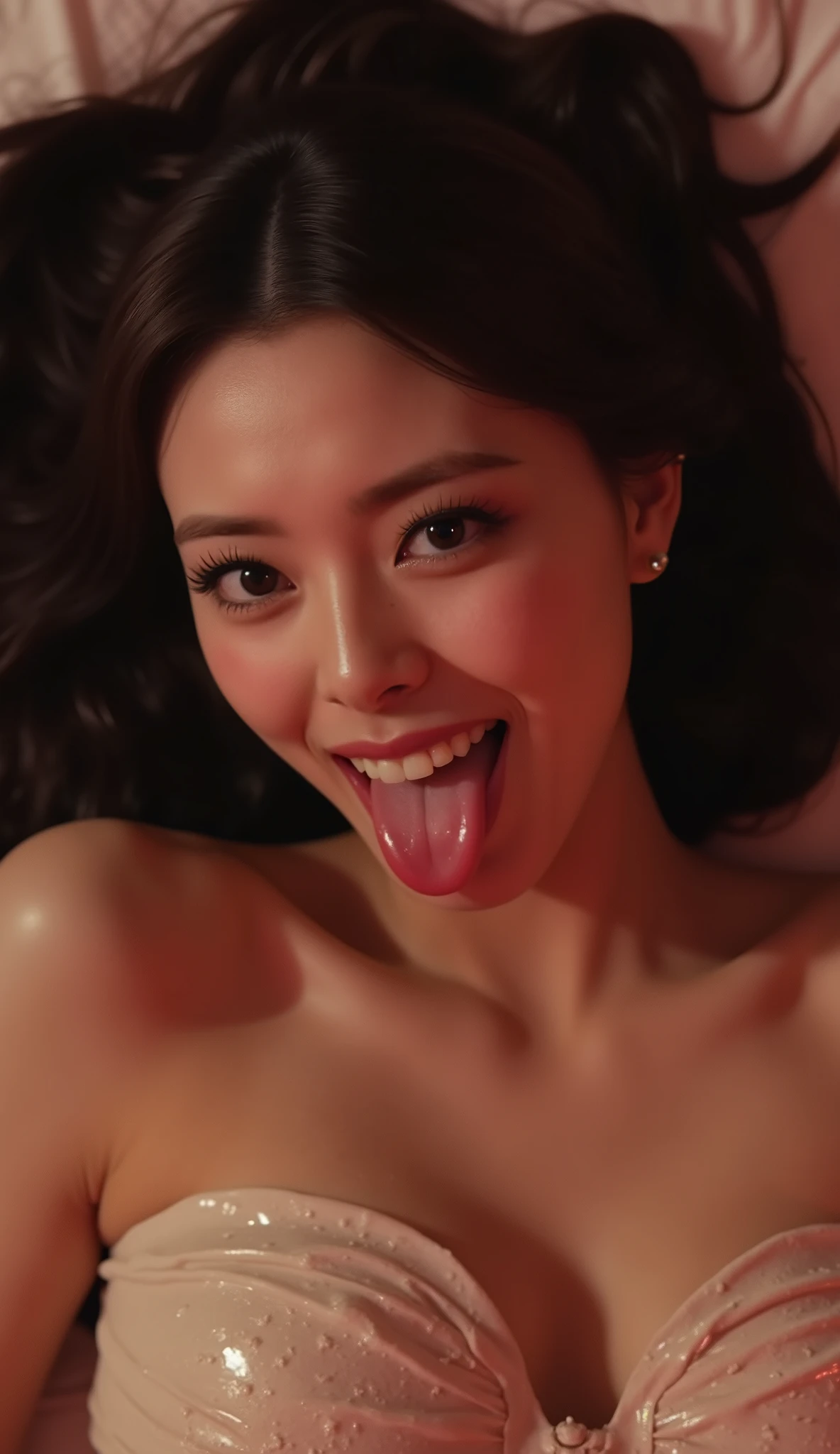((( real、live-action、reality、High image quality)))do, best quality , ( High Definition CG Unity 8K Wallpaper ), ( best quality ), edge orgasm 、 face focus 、 wh3ein with her mouth open and her tongue out 、wh3ein with an edge_face、 brunette hair、 on the bed、view from above with a wide opening, upper body in frame ((sweat) ),((Skin that shines with sweat))((The collarbone shining with sweat,Face that shines with sweat)),((Sweat-drenched skin))((The skin wet with sweat)),