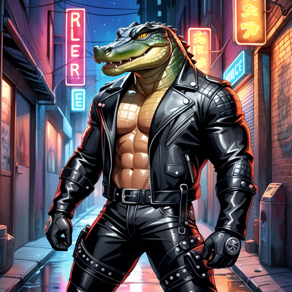 (masterpiece, best quality, high quality, highres:1.4), detailed, extremely detailed, ambient soft lighting, 4K, by (by Pino Daeni, (by ruaidri), yupa, kiyosan,(by meesh), (by sollyz) (by fffffolder)), (cuban crocodile: ( hunk, athletic, crocodile, yellow body, scales, athletic muscle, anthro legs, (crocodile feet) (((solo))), green eyes, (detailed eyes), crocodile tail, bare_shoulders , (((angry_face))), (clothing, (topwear: (open jacket), handwear:(gloves: fingerless), bottomwear:(jeans:black, leather boots))),standing) tag:1boy)) ,(((night))), (((inside apartment)))