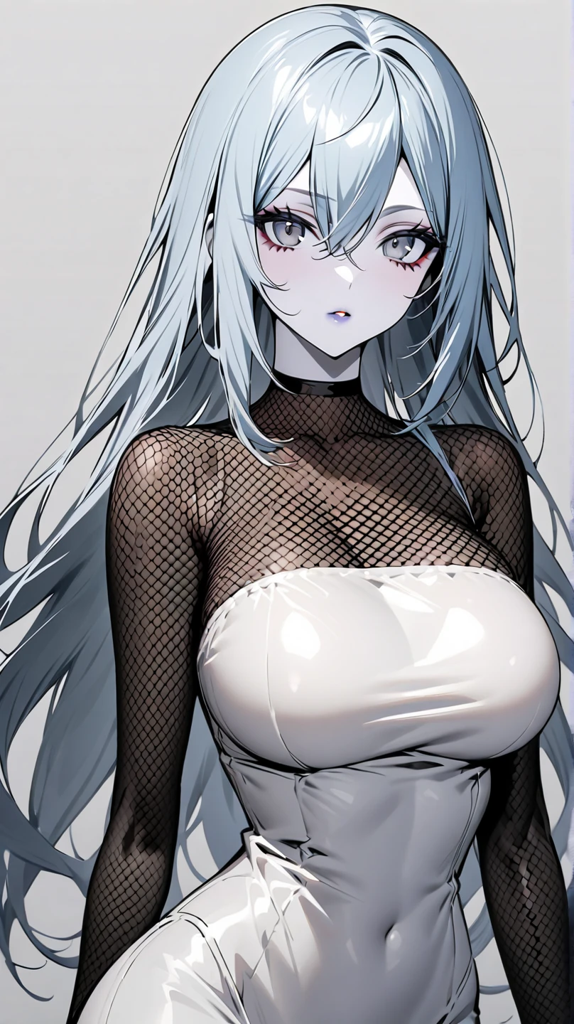 Stunning girl, Detailed blue eyes, erotic expression, white hair, big breasts, wide hips, slim body, black nightdress, black choker, (Black and white, sketch), black background, hentai, simple poster, ((negative space)),
