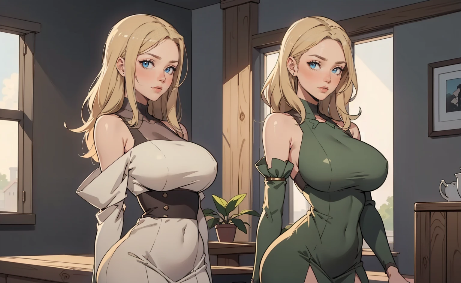 best quality, (masterpiece),(ultra-detailed), (high quality), (high resolution), ((2heads:1.5)), best quality:1.5, highres, UHD, 16K), ((two headed woman)), smiling, ((blonde hair)), (identical hair color), ((long hair)), cleavage, ((green dress:1.5)), lustrous and smooth skin, huge breasts, (mature woman), seductive silhouette, casual dress, sexy proportions, Beautiful girl with accentuated slender abs, long legs, ((seductive woman)), ((gala background:1.5)), ((nightclub)), body con dress, (strapless), (sleeveless), green eyes, long boots, ((detailed eye pupils))