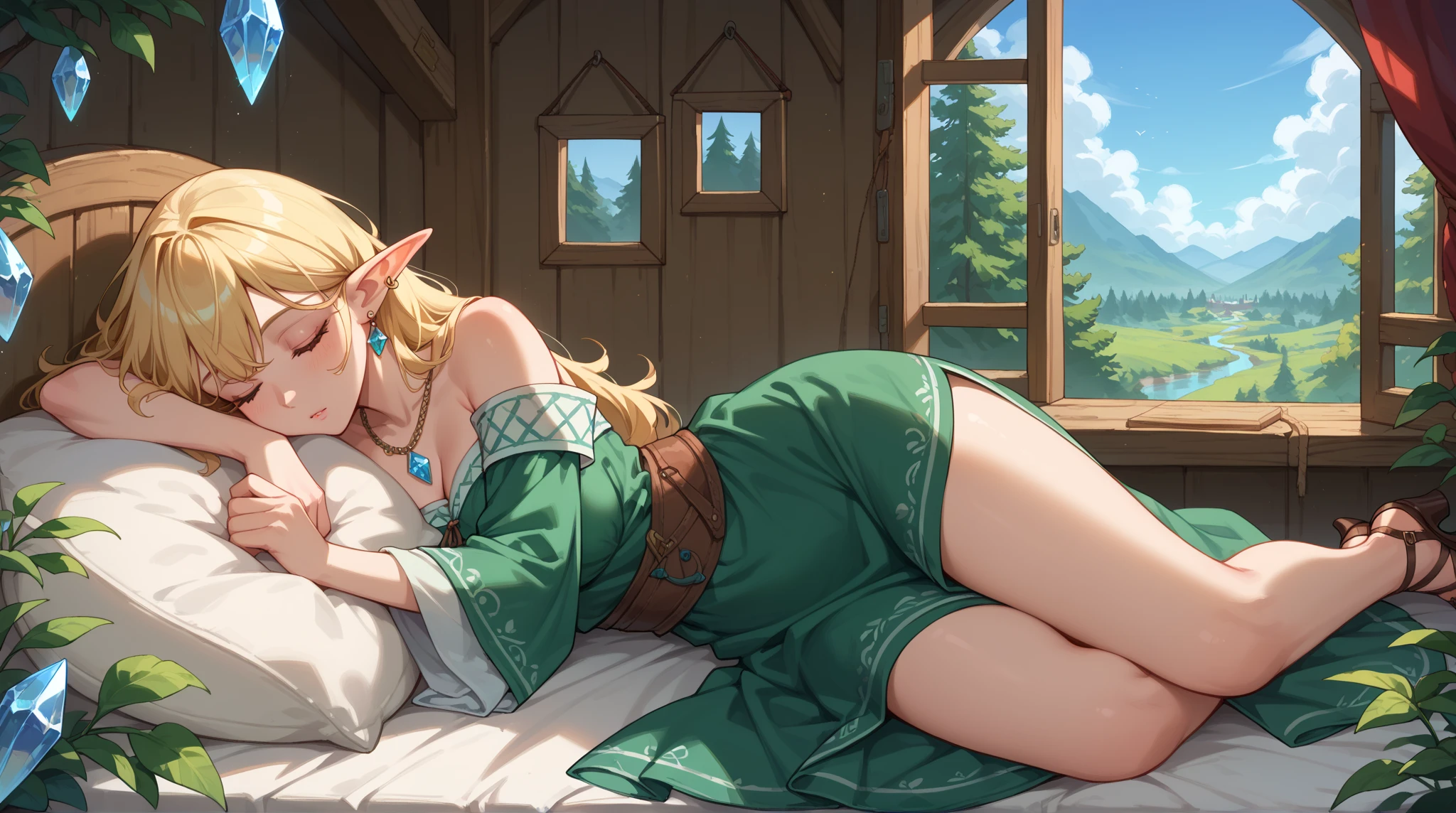 Top quality, masterpiece, ((1 person)), elven female, blonde, long hair, emerald gemstone eyes, gwaiz style, dim, celtic forest, sexy but cute, (sleeping quietly on a bed of soft green leaves), older sister, 25 years old, faint light particles floating around, creating a mysterious and fantastical atmosphere