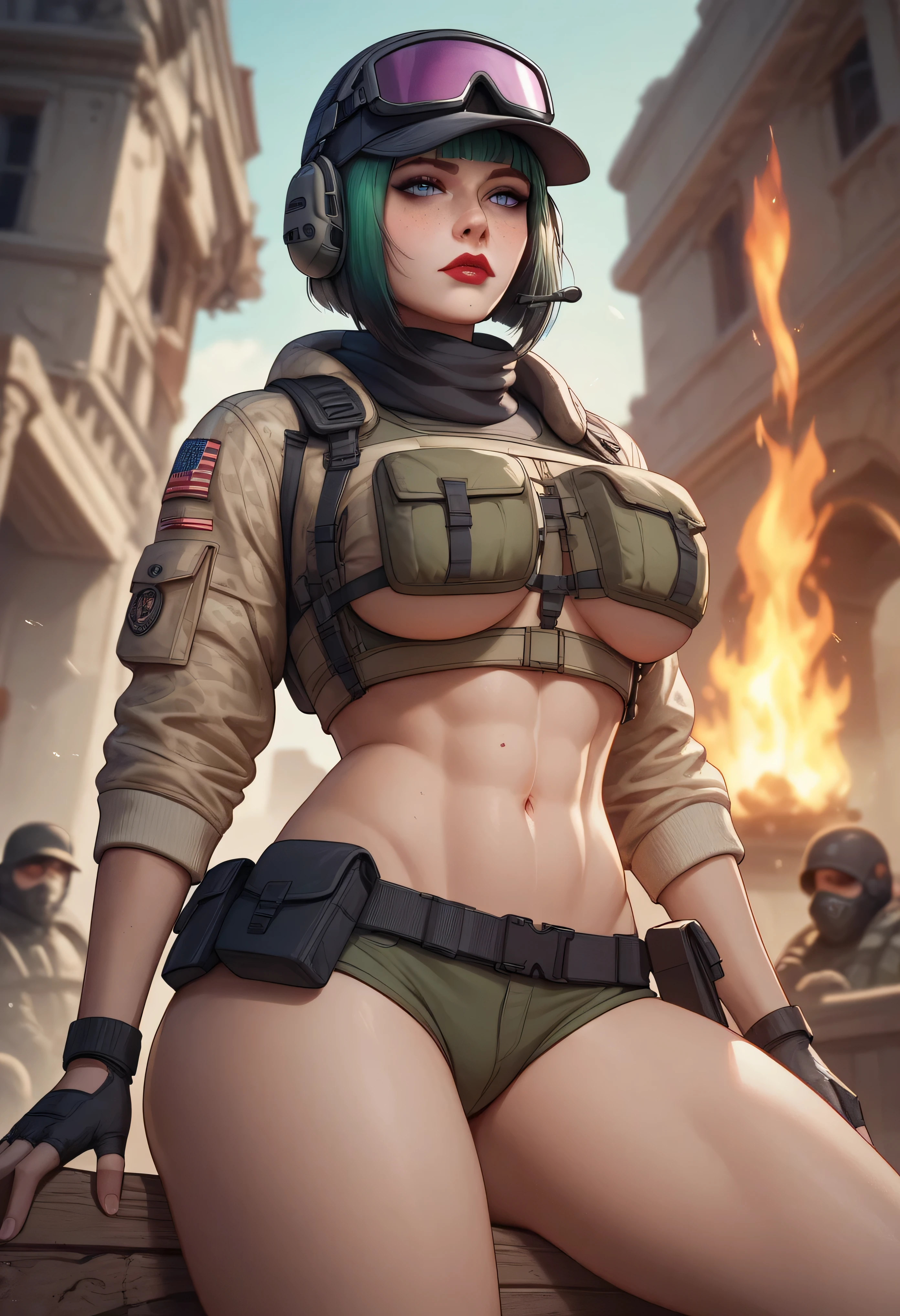 ((( corpo inteiro ))), ((( Military helmet on head ))), roupa cheia de buttons, master part, best quality, super detalhe, 8k, mulher linda, Tank Girl com cara de maluca, sorriso malicioso , cabelo moicano colorido, garota punk, post-apocalyptic world, (( menina do tanque )), Nijistyle, roupas rasgadas e sujas, moicano curto, sides of shaved head, rosto limpo