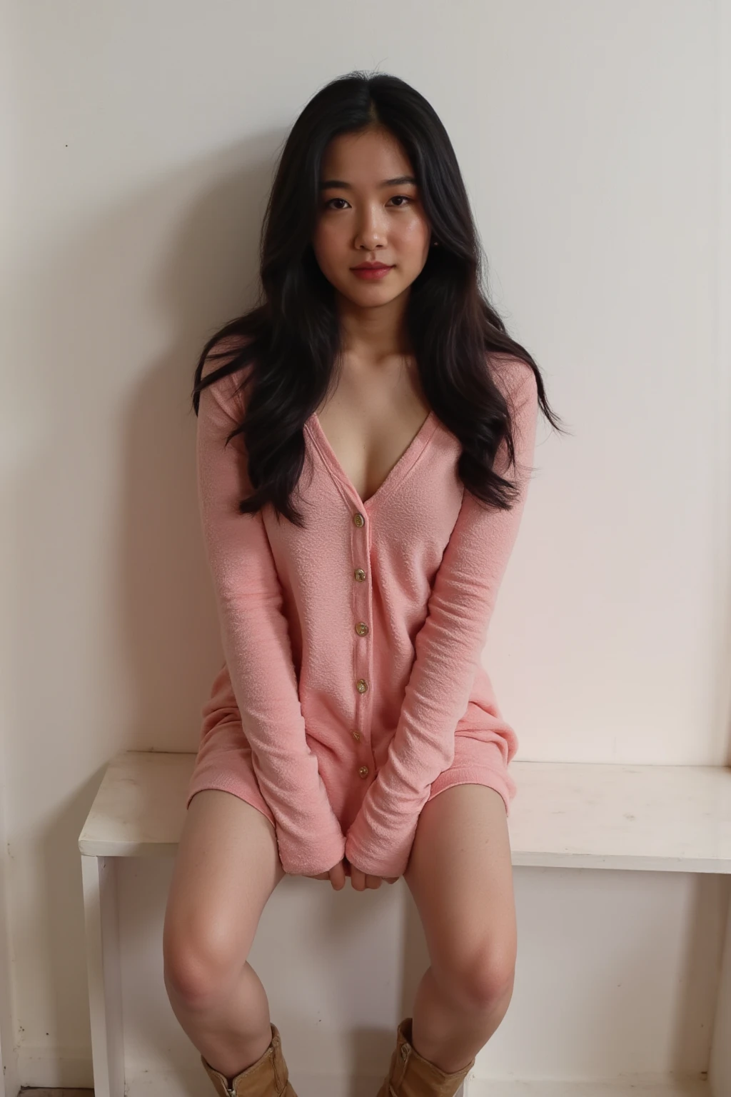 Full body, (photo, highest quality), (realistic, photorealistic) Fei Liang 25 year old Asian Chinese girl, so beautilul and very detailed face, short haircut at the level of shoulders, punk style, loose hair, black hair with a purple streak, body with a slim build and perfect proportions, small breast, looking at the camera , wearing short pink bathrobe, bathrobe small neckline, sitting on the bed facing forward with legs crossed. slim and perfect legs, very detailed skin, interior wall of apartment in the background, light pastel colored walls without decorations in bacground