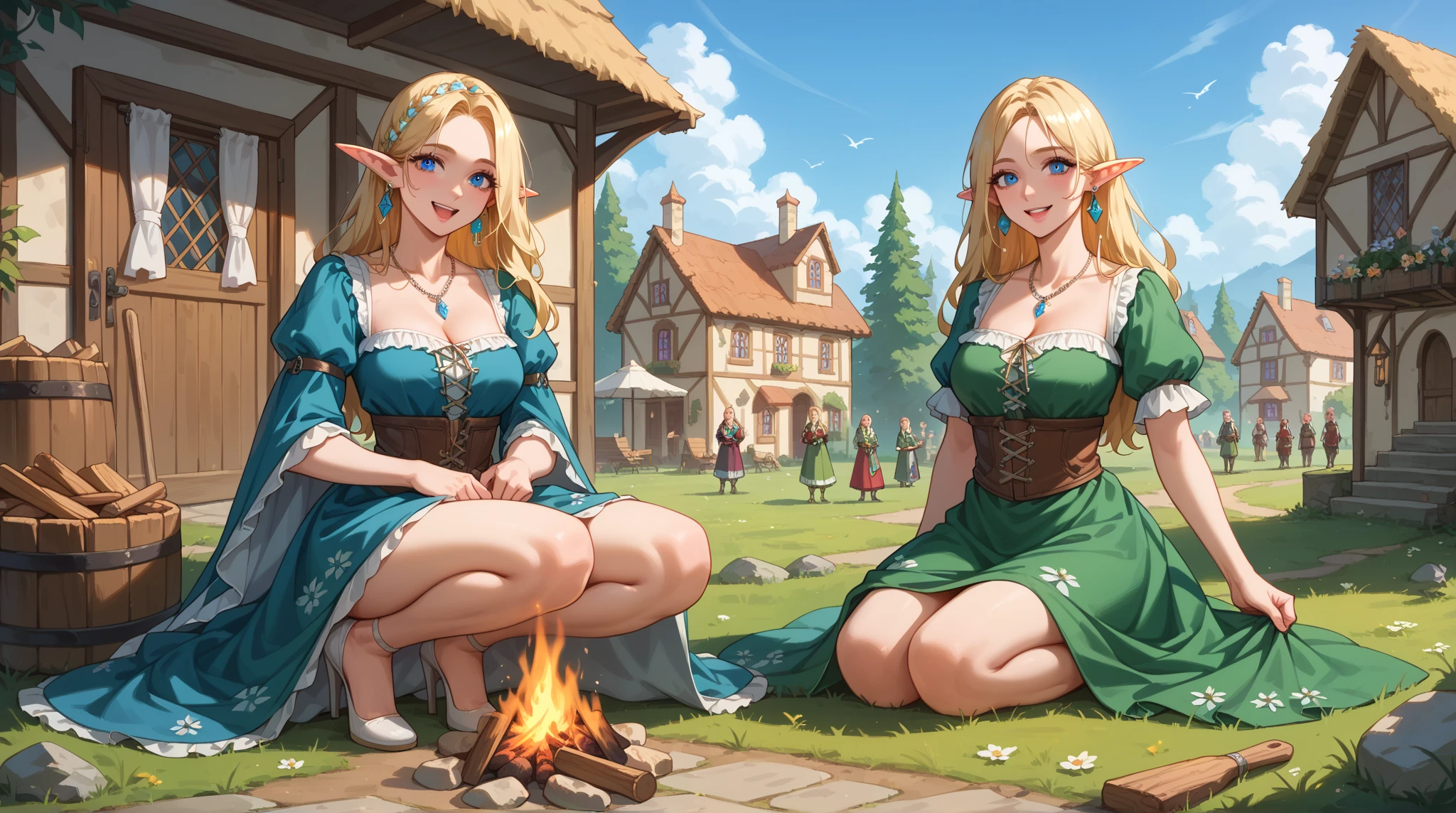 1 edge, Full-body art, elf chained, border, elf girl in shackles, squat, on the knees, Knees on the ground, bikini, camel's foot, Medium breasts, girl chained , chains, knees spread, shy and embarrassed facial expression, crowded market