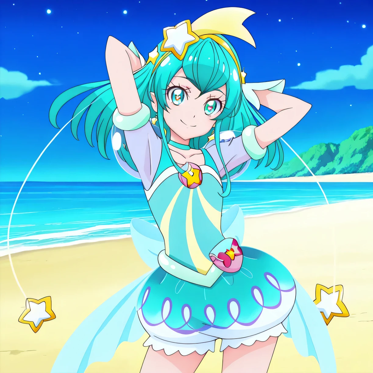 curemilky, starpri, shiny skin, anime screencap, high quality, solo, night sky, beach, hands behind head, ((contrapposto)), closed mouth, cowboy shot, looking at viewer, smile, best quality