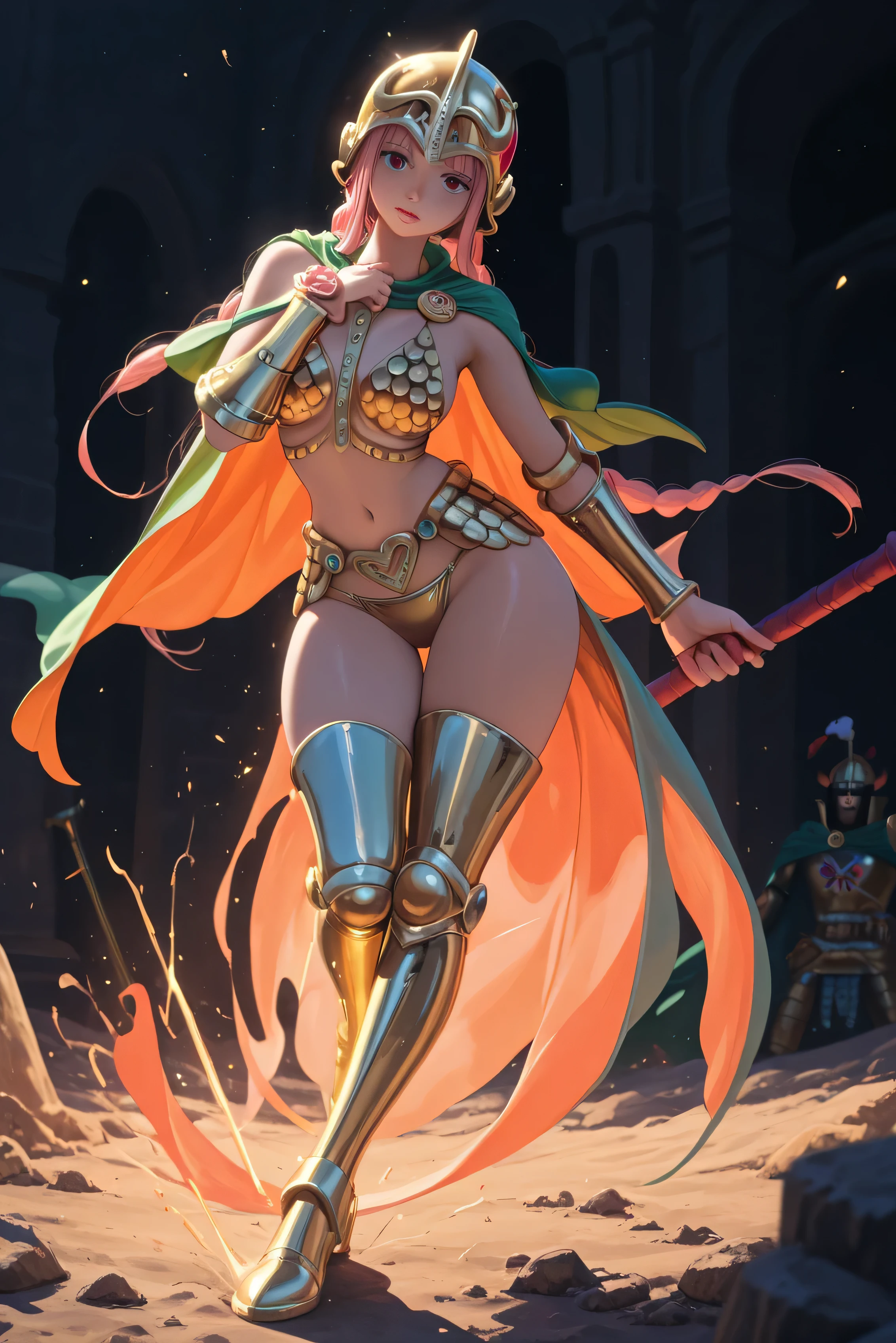 ((back view:1.5)), perfect ass, Eyes covered, woman, rosemon , ((dust particles)), adorned in ((red suit)), ((twerking)), metal muscles, emanating a medieval elegance and marvel, green cape, armor pump boots, (black thigh highs), blonde hair, (red bra), small armband), gauntlets, ((armored bikini:1.4)), sword, shield, exposed midriff, (puffy lips:1.3), detailed eyes, ((slendered abs:1.2)),(((gigantic breasts:1.5))), wide hips, (puffy lips:1.5), slender abs,rim lighting, side light, (((cinematic light))), ultra high definition, 8k, film grain,best shadow, light particles, detailed skin texture, detailed gem armor texture, detailed face, intricate details, super detailed, bright, spiked heel boots