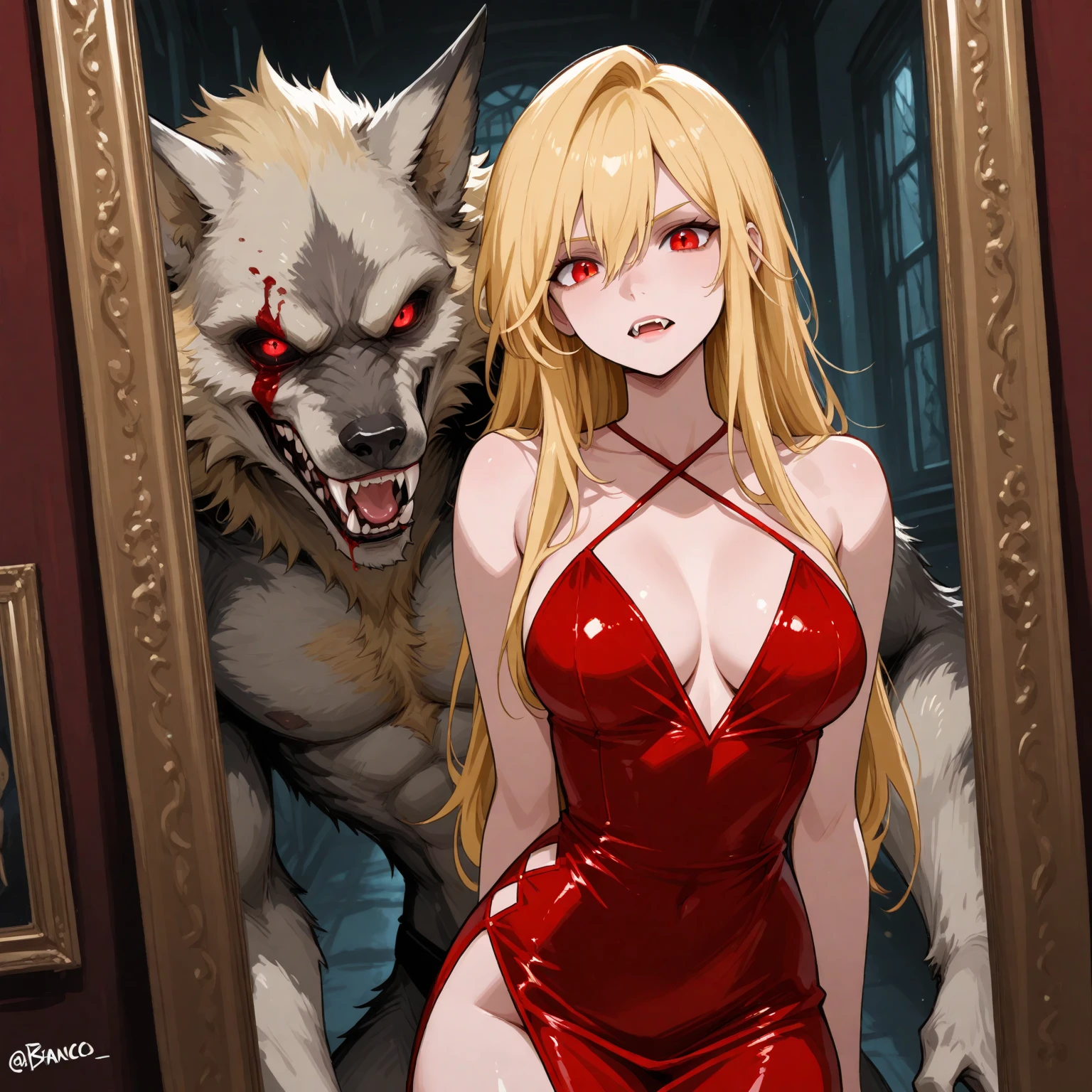 Depicts a strong werewolf hugging a blonde girl,(((black humanoid wolf))),(((Black furry humanoid wolf))),(((Beautiful sexy girl))),(((Blonde girl))),(((Girls wear:Red dress,Manteau blanc,red head band, big bust bra, a skirt, red long skirt,laced dress))),((Sexual suggestiveness)),Correct anatomy,Detailed face, Detailed eyes,(((the right proportions))),City at night,The lights are on,scene of serious conflict,a warm color palette,(post impressionist),(Fechin Oil Painting - Fechin Oil Painting , oil painted), 008
