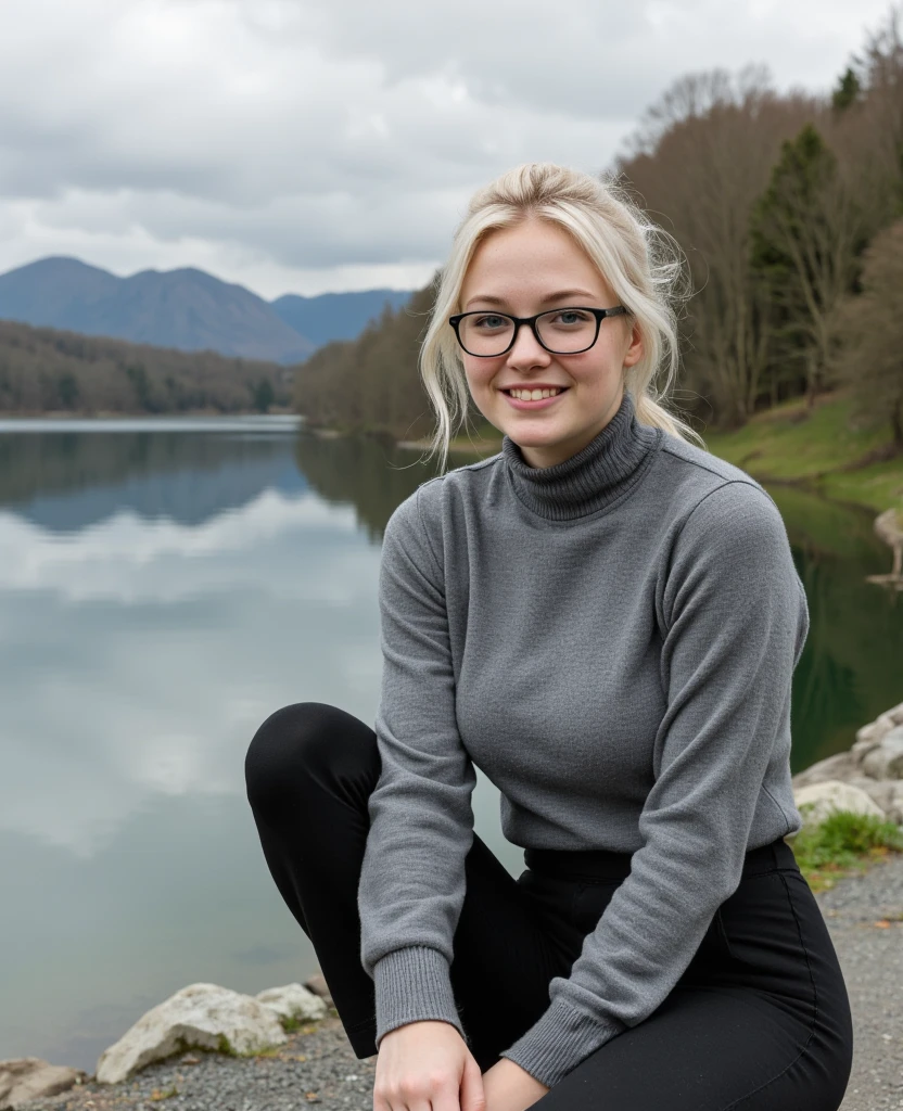 siemtje woman on vacation near a lake in sweden, (full body photo), high detailed, sharp focus, realistic, <lora:siemtje:1>