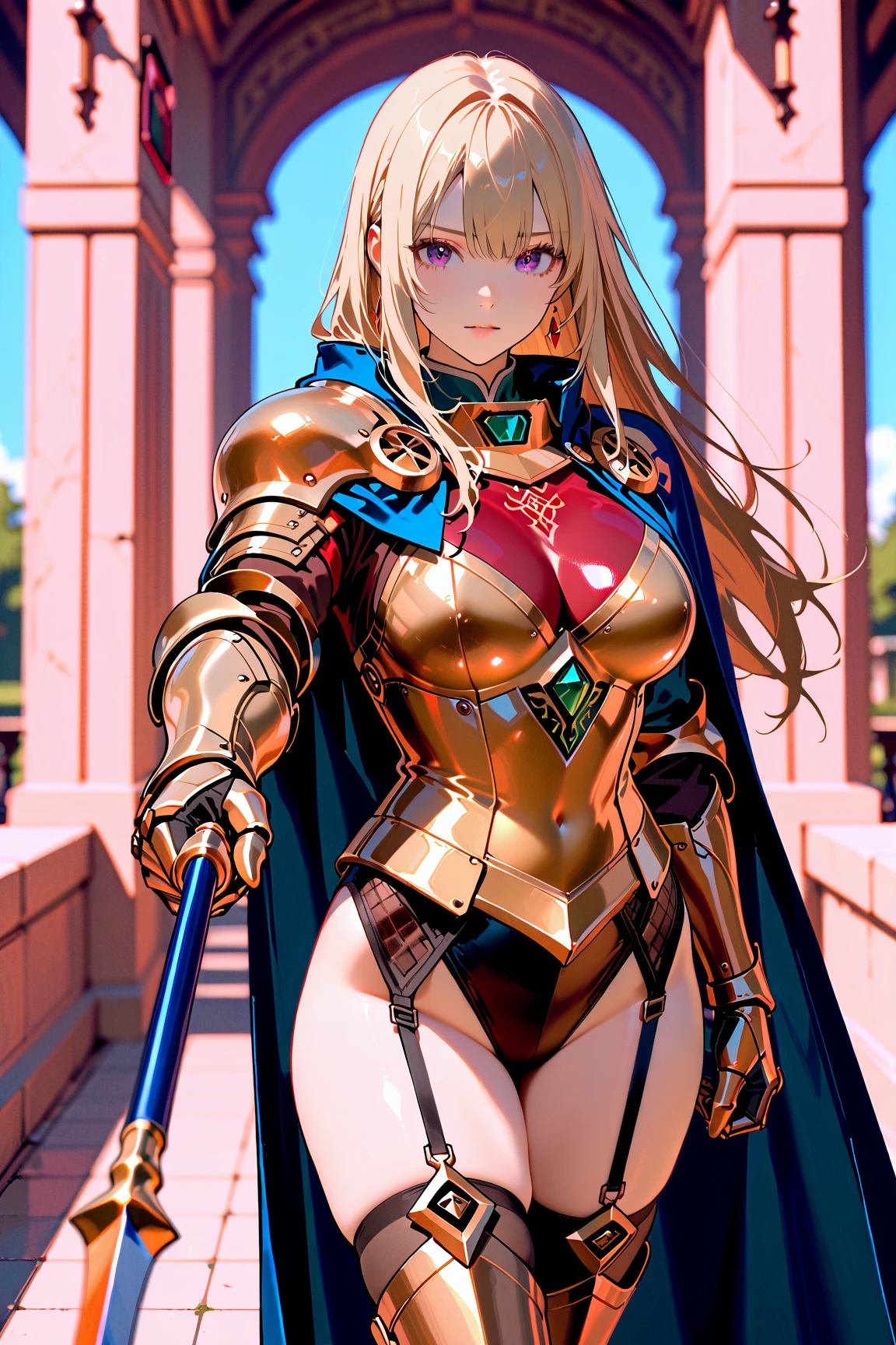 Very detailed、highest quality、(Best image quality:1.5)、(masterpiece:1.5)、8k、Anime Face、A kind smile、Open Mouth、(Beautiful bright blue eyes:1.5)、(Blonde wavy hair:1.5)、Muscles of the whole body、Thigh belt、(Wearing gold bikini armor:1.5)、(Cowboy Shot:1.6)、(Wearing a helmet:1.5)、(Holding a spear:1.5)、Warm lighting