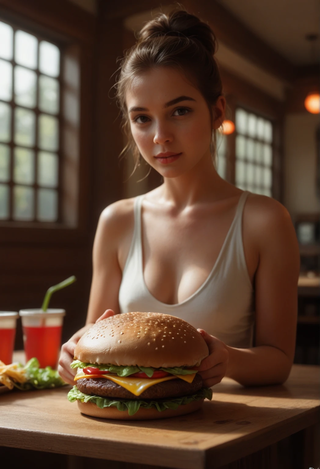 ((Advertisements for fast food outlets)), (half body portrait:1.4), 32K, (Best quality,A high resolution:1.2), Ultra-detailed,(Realistic:1.37) RAW uhd portrait photo of super slimfit gorgeous light brunette hair white skin 21 yo sexy european girl for promotion Fast food slutty female waitresses, ((branded cap)) Sweaty skin, cramped Red and white Very short apron, covered nipples, red necktie, yellow Sun Visor Cap, smile shyly,steam, fast-food shop (Slender Supermodel physique), (depth of field) jawline, sharp-edged face, sexy chin, long oval face, abs, detailed (textures!, hair!, color!, imperfections:1.1), highly detailed glossy eyes, (looking at the camera), (looking to viewer) specular lighting, original photo by Hasselblad X2D 100C, ultra wide-angle macro photo, modelshoot style, (extremely detailed CG unity 32k wallpaper), photo of the most beautiful artwork in the world, High Detail, Sharp focus, rewarded photography, Cinematic Light, dslr, ultra quality, sharp focus, tack sharp, dof, film grain, (centered), Fujifilm XT3, crystal clear, center of frame, cute face, sharp focus, bokeh, (dimly lit), low key, detailed skin pores, intricate eye detail