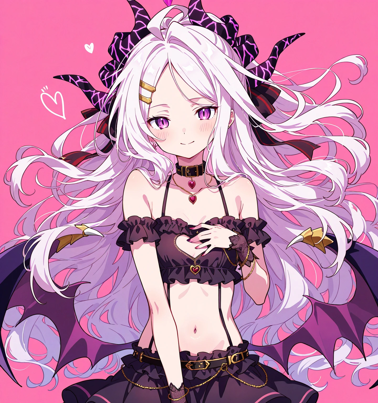 Solo, female, cat ears, long white hair, deep dark pink eyes, huge woman, tall, broad shoulders, large breasts, bedroom, white furry claws, furry arms, pink negligee, smile, tan skin, white and brown fur, close up, huge bat wings, huge scorpion tail, shy smile, paws, looming over viewer