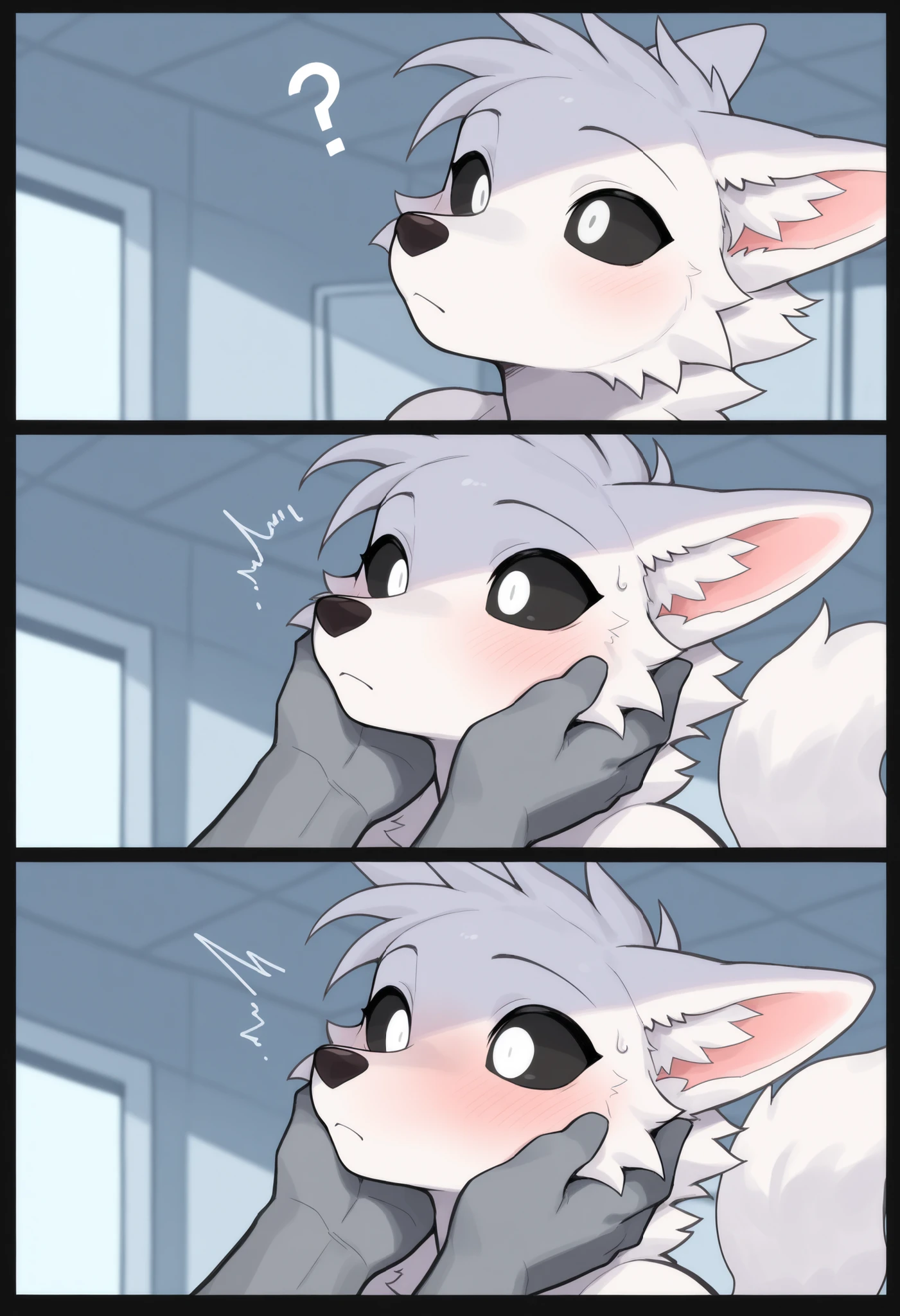 ((soft shading, 4k, hi res, detailed face, detailed, best quality, masterpiece, detailed anatomy, detailed eyes, perfect shading)), by Buta99, by Zackary911, by K0BIT0WANI, 1male, white goo wolf, black sclera, white eyes, tail, femboy body, white fur, surprised, oozing goo from the body, two disembodied grey hands touching the face, in the lab room