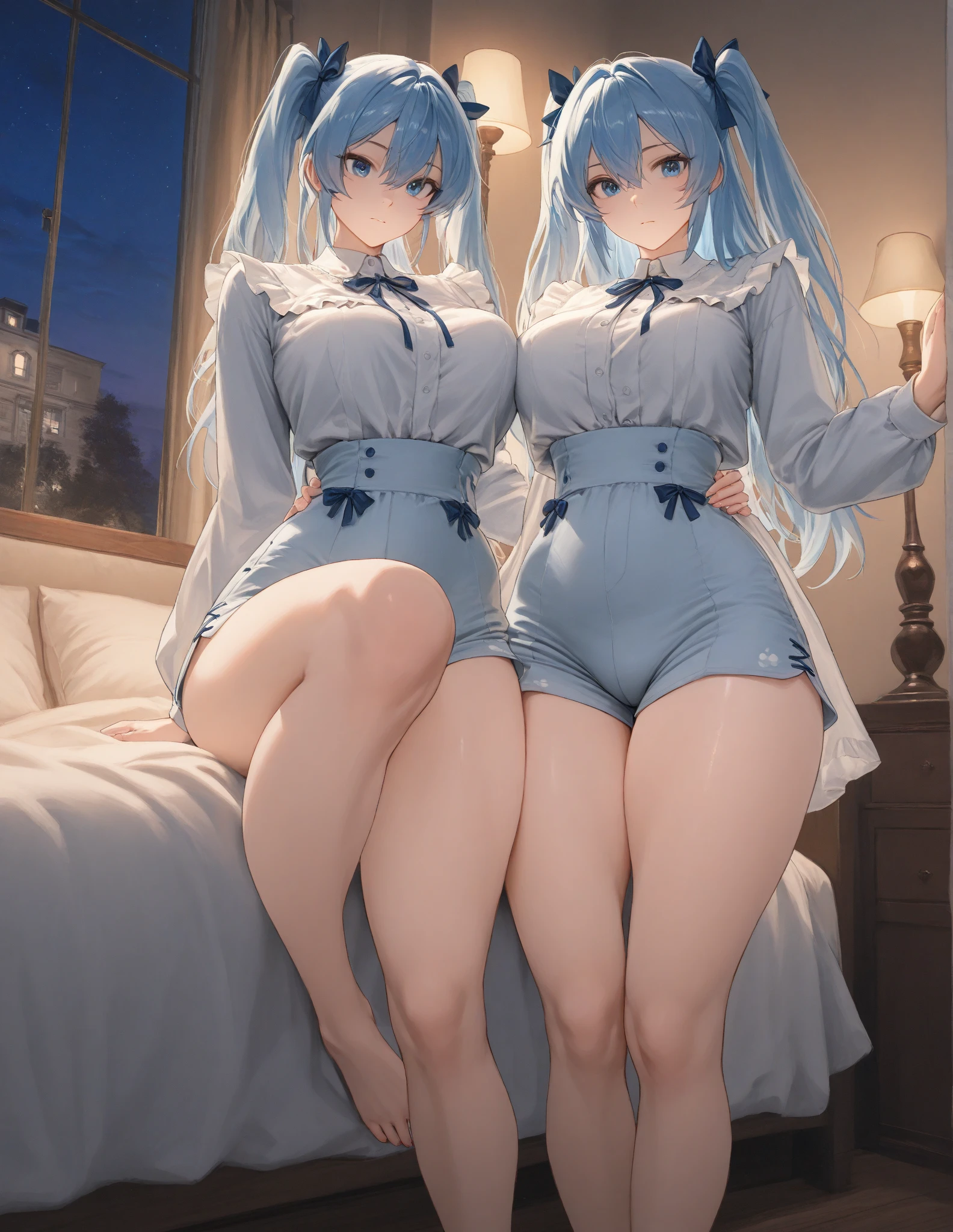 ((Highest quality、High resolution))、Beautiful woman、Perfect body、Beautiful and bountiful breasts、tits、Ass、long blond、bangs、Blue and white、Embellished blue sexy dress、skirt、(((ass pov、No panties、Showing pussy、I'm tempting you、I'm inviting you to have sex、Love juice)))、Outdoor Scenery、((Embarrassed))