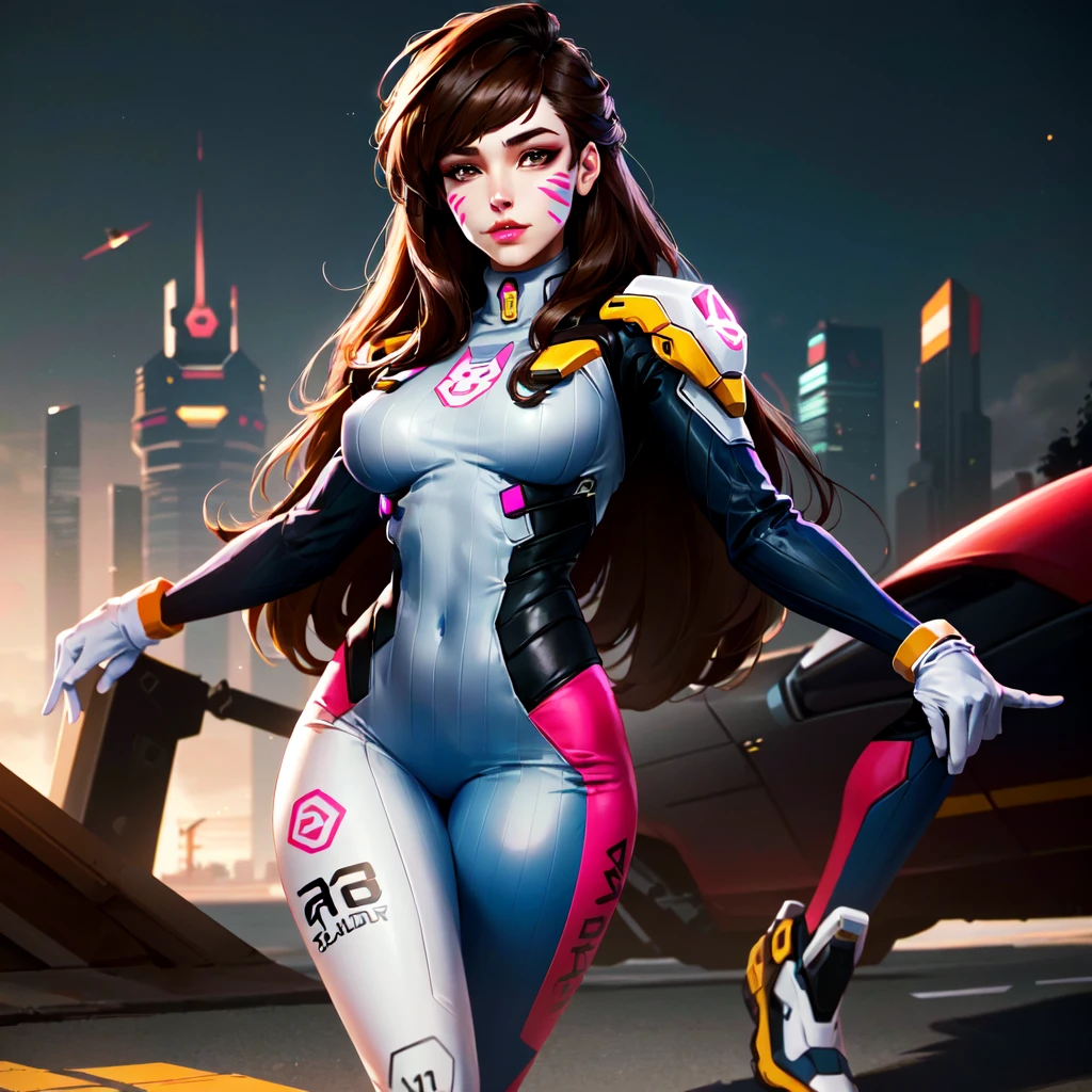 (masterpiece, best quality),  intricate details,
1girl,   1girl, d.va (overwatch), solo, long hair, whisker markings, bodysuit, brown hair, facial mark, gloves, breasts, brown eyes, pilot suit, cowboy shot, headphones, white gloves, medium breasts, swept bangs, skin tight, animal print, bangs, bunny print, ribbed bodysuit, facepaint, pink lips,
