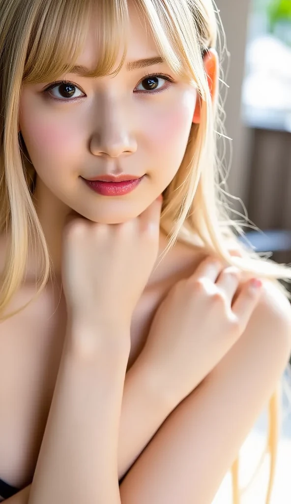 (High resolution:1.2),(masutepiece:1),excellent, Convoluted, Fine and beautiful details,(Detailed face:1.25),((beautiful detailed 1 girl:1.15763)), Solo, Dynamic Angle, NSFW, full nude ,(Breast:1.1), Décollety, (Delicate sunlight shadows:1.2),(thick body:1.3),(curvy body:1),Oil, Photorealistic detailed skin body, (Photorealistic:1.3),(Looking at Viewer:1.4),,(Selfie Pose:1.1),(detailed beautiful :1.1),(Contrasty:1), Top ,Open mouth ,(background in a hotel:1.2) ,Blunt bangs ,(Blush 0.7),(Shiny skin:1.1),sexual pose, Face Focus ,The upper part of the body,(a blond:1.5),((Gal:1.6)),Smile,(piece sign:1.6),on the bed