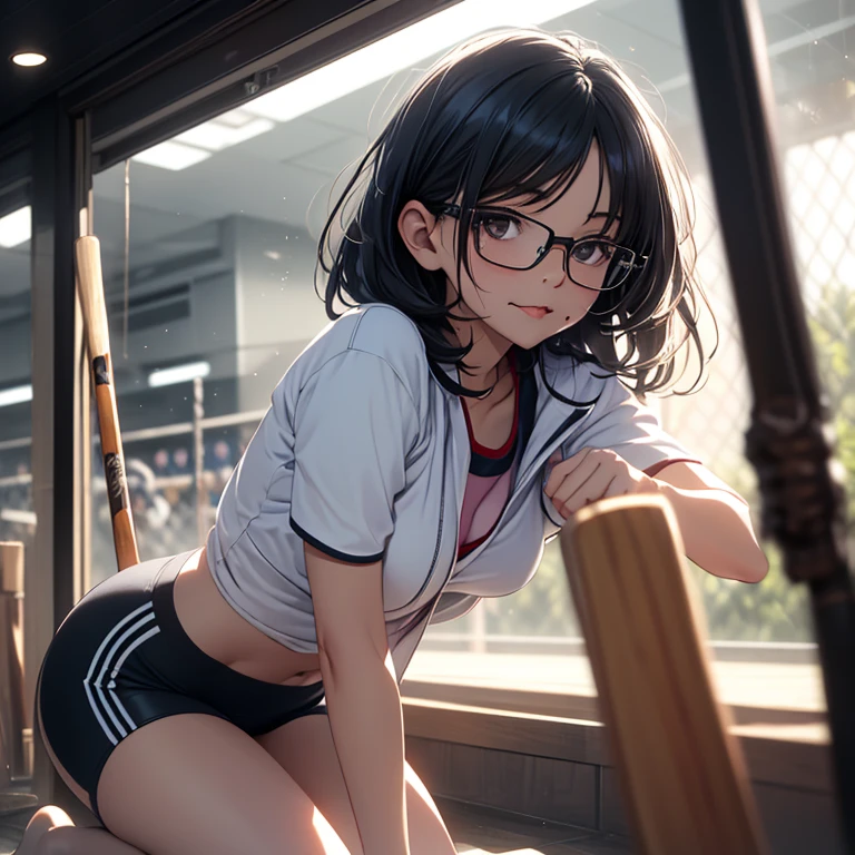 masterpiece, best quality,anime style, 1 girl,(((slender body))), (((small eyes,small breast))),(((Jacket, Open your clothes, Open jacket, Blue jacket, ground vehicle, Sports Bra, bicycle,buruma,glasses))),((((cum)))), (beautiful face), (((short twintail))), (((straight hair))), ((((black hair)))),detailed beautiful skin, (perfect hands, perfect anatomy)