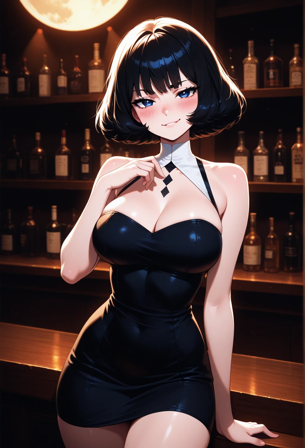 Purple Hair,Shortcuts,Adult female,(((bartender))),((Body Harness)),((Roll up your sleevesＹshirt)),(corset),(Tight Skirt),((garter belt)),High heels,((Simple Background)),smile,((whole body)),((whole body)),Character Sheet,