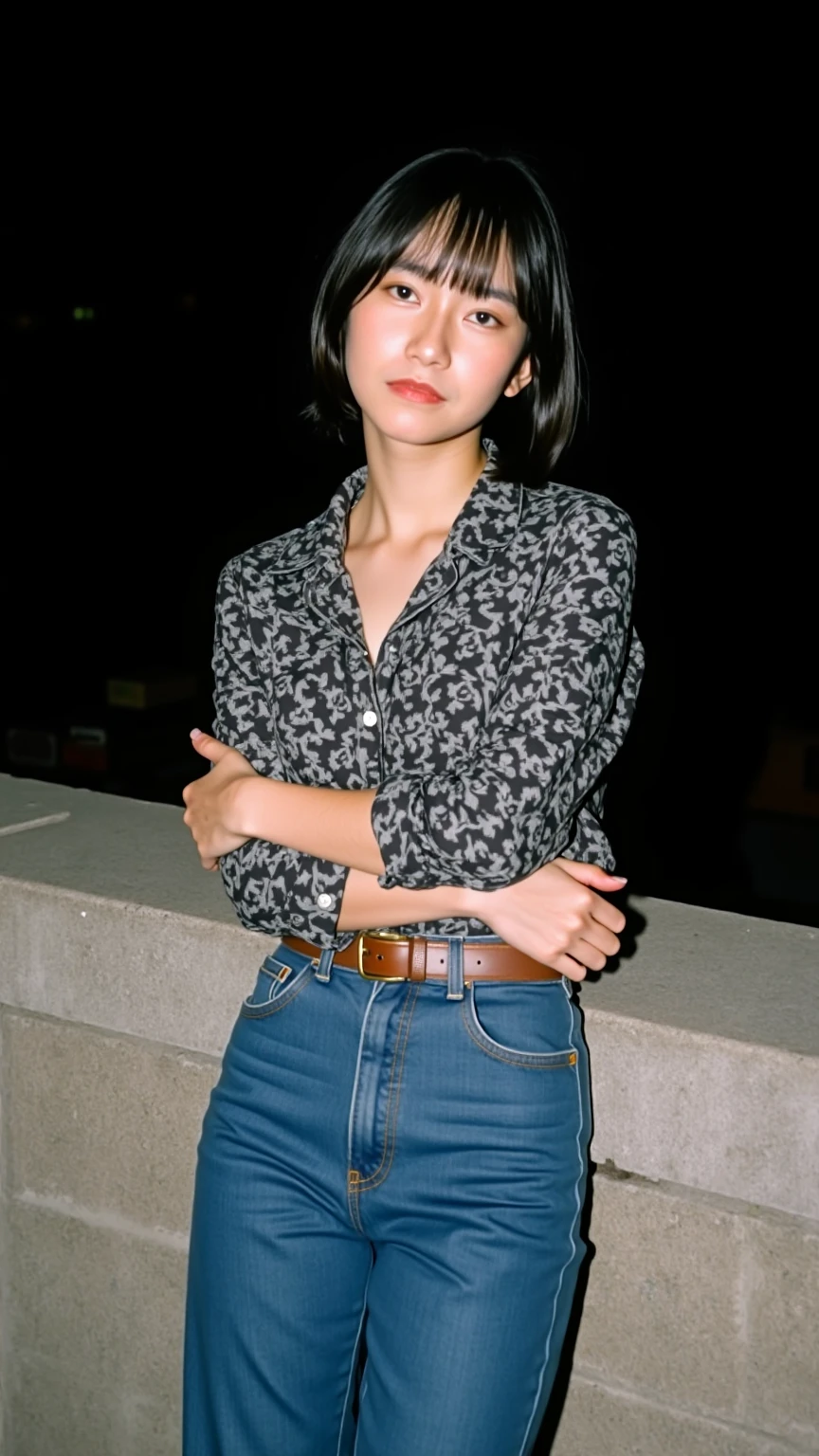 (masterpiece:1.2,8k, raw photo, ultra quality), absurdres, (photo realistic:2), high detail raw color photo,skiny skin, professional photograph,((best quality))、(bare legs:1.2), (navel baring:1.1), Very beautiful Japanese women、open shirt、shirt tucked in、print shirt、showgirl skirt、Watch the audience、pointing、upskirt、Panty peeking、White panties、White bra、smile、(View your viewers)、Please stretch your legs and rest.、short hair、White Background、Sit on a bench、Flash photography、skirt lift、
