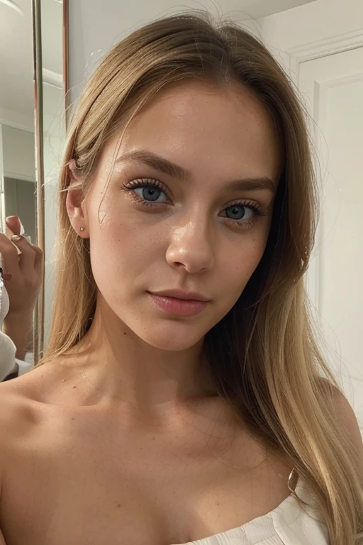 ((best quality)), ((Meisterwerk)), (Detailliert), Perfektes Gesicht, 1.1, Hochdetaillierte Gesichts- und Hautstruktur, Detaillierte Augen, Anna Björn a 21 year old blonde swedish girl, cute selfies in her luxurious bedroom, cute makeup, cute expressions, aesthetic instagram pictures