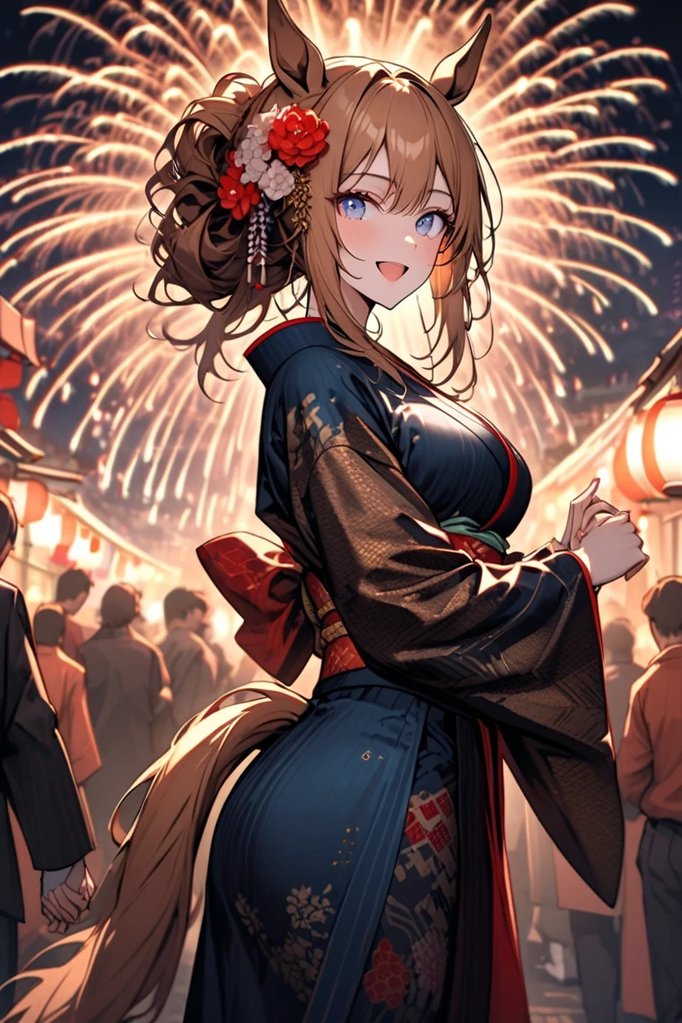 1girl,solo,super detailed skin,shiny skin,natural face ,half open eyes,eyelashes,lips gloss,pale orange hair,multi-tied hair,large breasts,floral printed yukata ,night rooftop,fireworks ,cowboy shot,masterpiece,best quality,ultra detailed,high resolution,sharp focus,depth of field