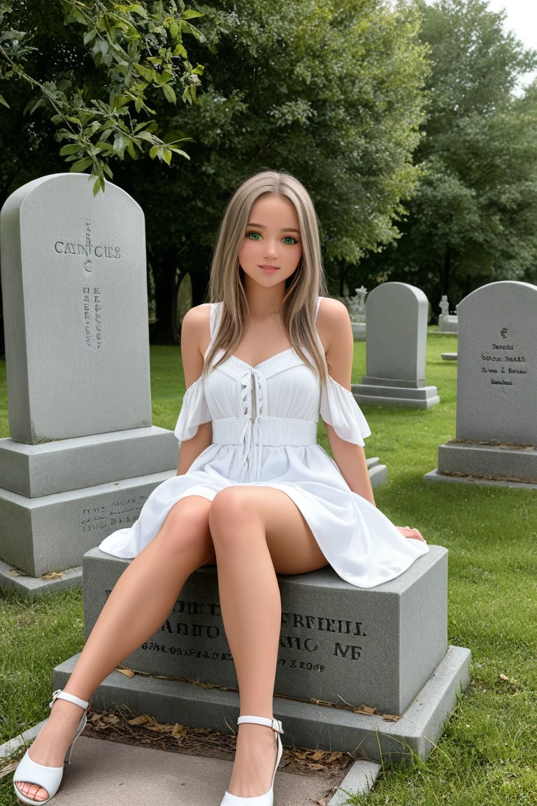 Cute Baby Chibi Anime,(((Super masterpiece、top-quality、ultra-detailliert、1 girl in、Chibi:1.5)))、Fashionable Chibi、fashion modell、White Collar California Zentai Mummy Costume.outside of house、Foreign Cemetery in Yokohama、The best smile、Looking at the camera、A detailed face、highdetailskin、(Chibi:1.4)