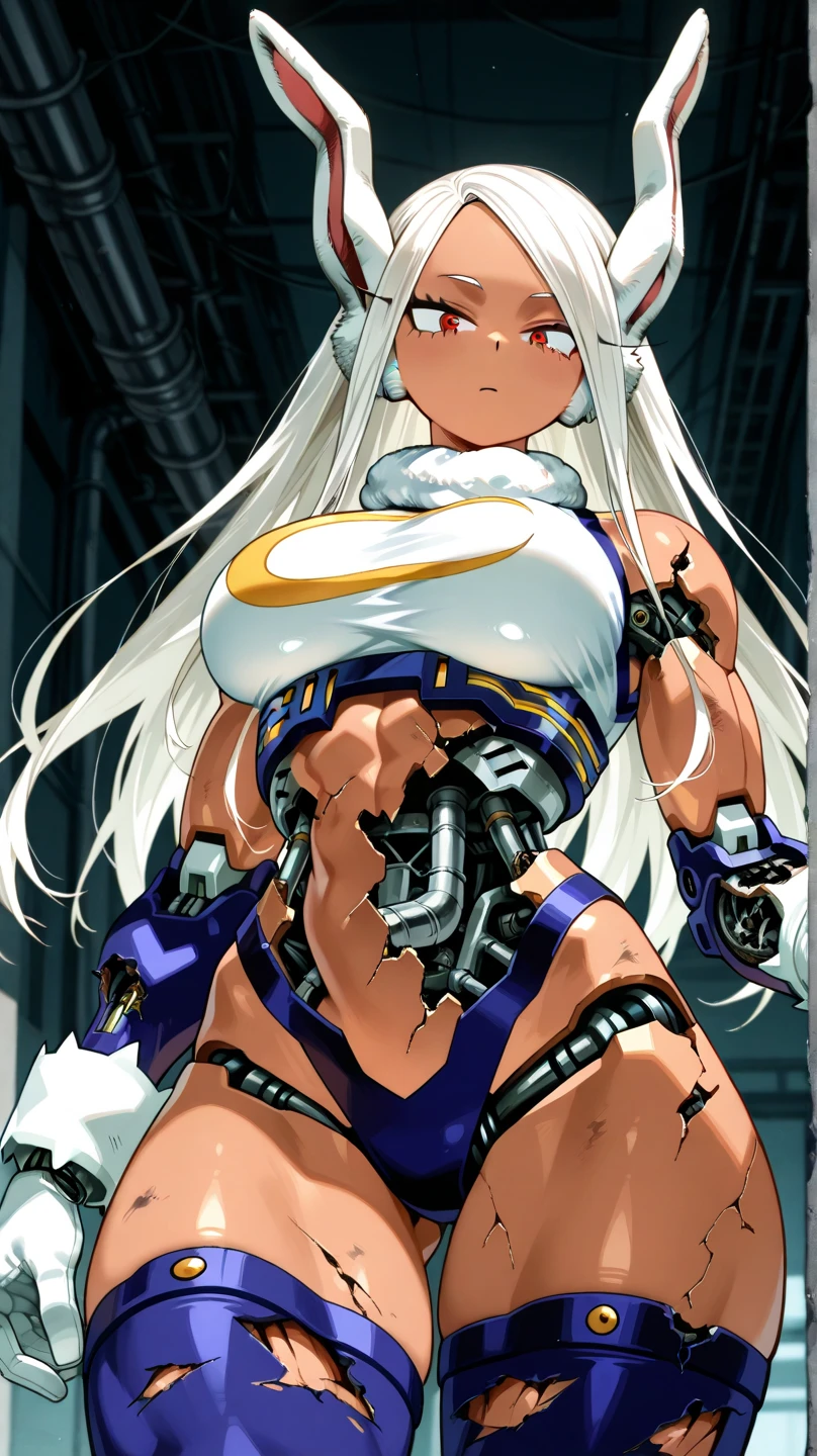 Steampunk Schematics,Baring teeth,

Rumi Usagiyama, long hair, animal ears, white hair, rabbit ears, dark-skinned female, muscular, 
rabbit girl, muscular female, (red eyes:1.5), (parted bangs:1.5), (complete anatomy),
High resolution,Sharp focus,(Super detailed,Very detailed),(Very detailed CG unity 8k wallpaper),(((Vibrant colors))),{best illustration},
Complex eyes,Beautiful Eyes,Symmetrical eyes,Big eyes:1.5,Seductive eyes, (((dark skin,dark_skin,lustrous skin:1.5,bright skin: 1.5,
skin tanned, shiny skin,very shiny skin,Shiny body,plastic glitter, skin,exaggerated shiny skin,illuminated skin))),Perfect Fingers,
(Detailed body),(Detailed face)), cute,Lewd,erotic,Bold,Camel Toe,Revealing clothing,show skin,
(Huge hips:1.1),(Huge breasts, Glamour:1.2),
Furious,  Baring teeth, embarrassed,
 disaster々A machine is suspended in mid-air.,spread legs, stationary restraints, (sex machine), (vaginal object insertion), outstretched arms, cowboy shot, spread arms,  
Restraints, A girl is restrained by a machine,　Arm restraint, Foot restraint, Inorganic white room, Dazzling Light,
(nsfw), bewitching pose,{{{{vulgarity}}}}, sweat,Dripping water,My whole body is wet,heavy breathing, humid, fog,(Stuffy armpits:1.2), 
(completely nude),
(from above:1.2),((close up head)),(cowboy shot),