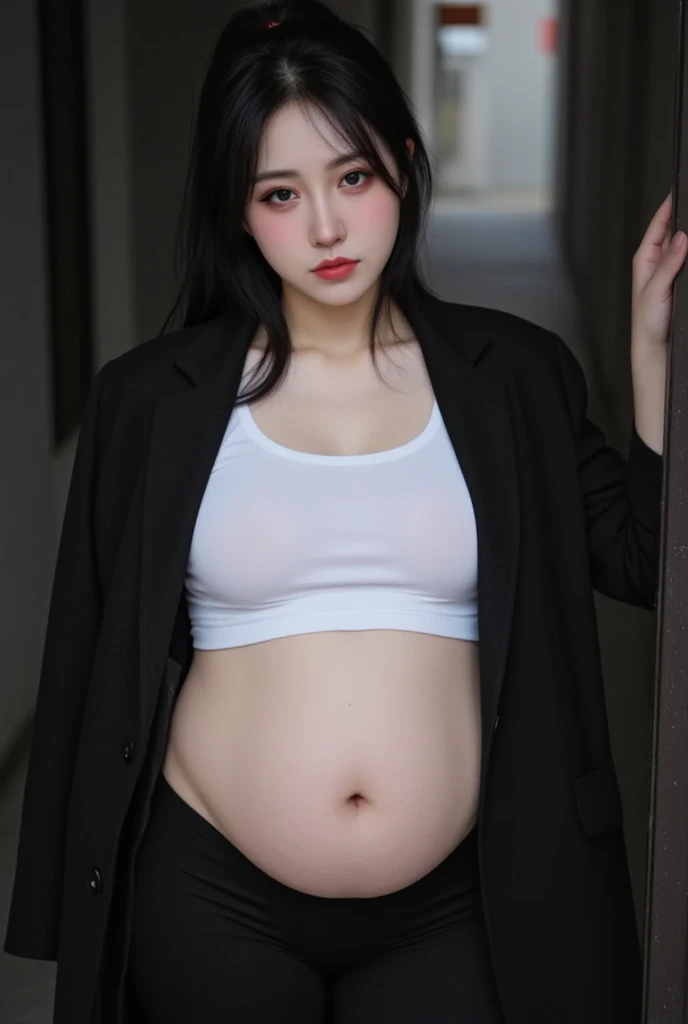 Highly detailed CG Unity 8k wallpaper, top quality, super detail, masterpiece, realistic, photo realistic, very detailed girl, 30 years old, round eyes, viewer, semi-body shot, pregnant woman, gyaru , city, casual dress, shopping ,cleavage