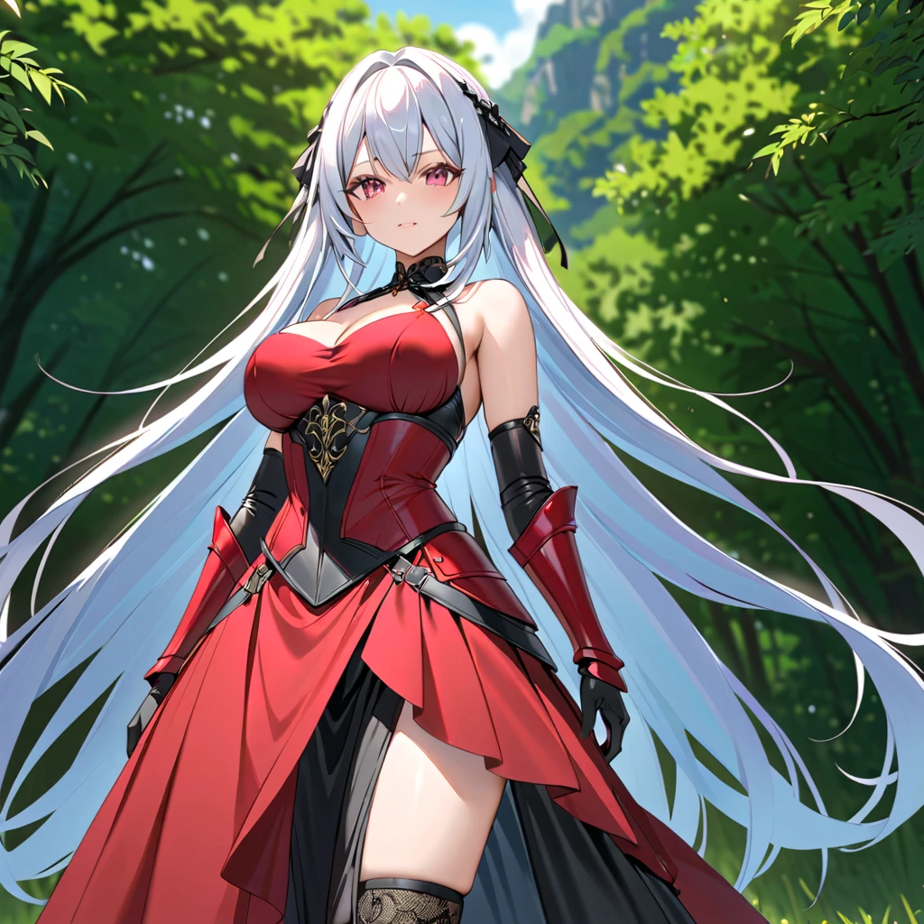 ((16k,Raw photography,top-quality,hight resolution,Ray tracing,PBR Texture,Post-processing,)),(((Dark red long dress, Long skirt bondage,Cute Japan anime girl,overload,Shalltear Bradfallen,Vampire girl,Long straight silver hair,Big breasts that emphasize cleavage,bare hand,Thin leg,))),(finerly detailed face:1.4),(masterpiece:1.5),(top-quality:1.6), Beautiful fine skin,(cute little:1.5),(Complex fishnet stockings,Absolute Area,bilaterally symmetrical,),Precisely shaped pin heel,Leather luster 3.0,Beautiful skin,((Bodycon with beautiful embroidery),((tthin eyebrows,long eyelashes,smil,二重まぶた,Perfect move,Perfect finger shape,)),Deep in the forest,No title required,Do not wear anything on your shoulders, From above,Staring from the front,Create beautiful light effects on the background,Create cute star effects on backgrounds,