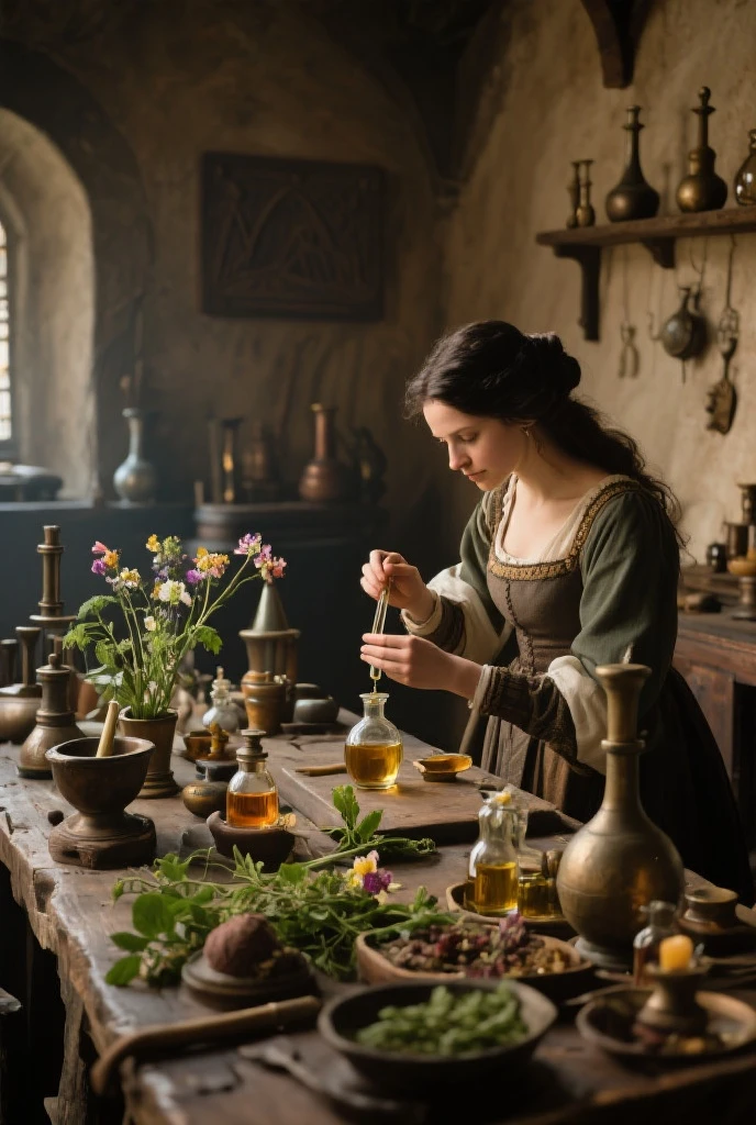 A beautiful witch, dressed in tight clothing from the Victorian era, with an elegant, attractive demeanor, is drying herbs to make a healing remedy, she has a mortar in front of her.