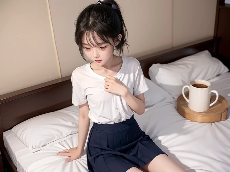 8k,Japanese,6 years old,innocent face,teenage girl,cute,summer clothes,everyday wear,sitting,black hair,on the bed,coastline,hair clip,night view,starry sky