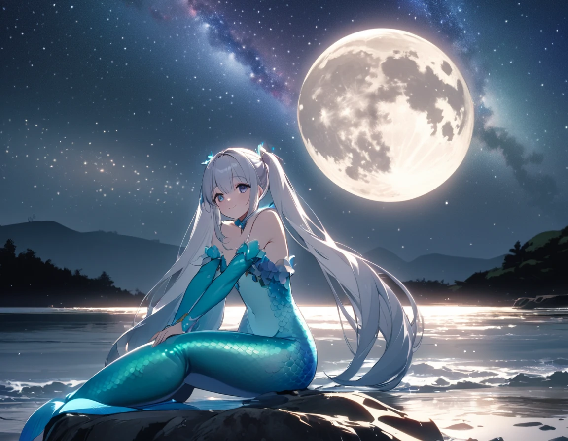 best quality, super fine, 16k, incredibly absurdres, extremely detailed, delicate and dynamic, beautiful mermaid princess swimming in the sky, the big blue moon hides most of her body, night sky, stars, ripples, dazzling effects