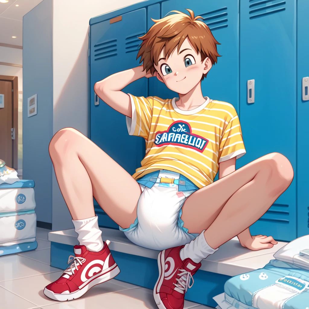 Cute young boy sitting on school bus seat, alone, with a really oversized butt, and wide thighs, with freckles, very tight blue shorts, knee high socks, blushing, very round butt, horny facial expression, middle schooler, short height, very short shorts, brown messy hairstyle, furry zoophile, no shirt on, sweaty abs, a lot of sweat, smooth clothes, very tight clothes, tight on skin clothes, light blue crop top on, being sexually harassed by cute 2 boys