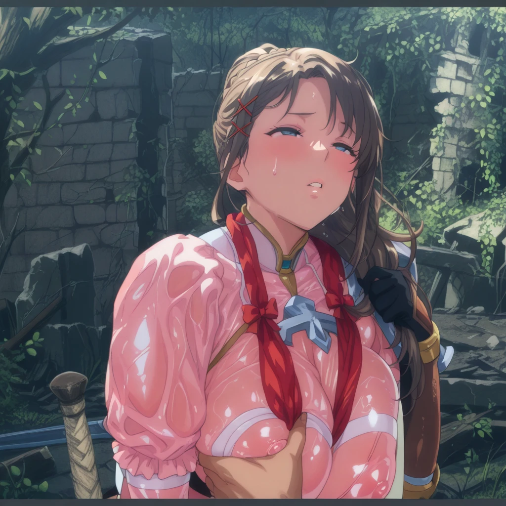 ((masterpiece,best quality)),high resolution, ultra detailed,8k,16k,detailed background, perfect lighting,detailed beautiful eyes,1girl,solo,nsfw,upward glance,fisyeye lens,embarrassed,blush,look at viewer,steam,sweat,seductive eyes,naughty smile,,(show off breast,show nipple,upper body,from front:1.4),in heat,wavy mouth,open mouth,open shirt ,(slender,kawaii),(amber \(genshin impact\), brown eyes, brown hair, long hair, red hair ribbon,small breast,long socks,short_body,highlight in eyes,thin pubic hair,flat color),forest
